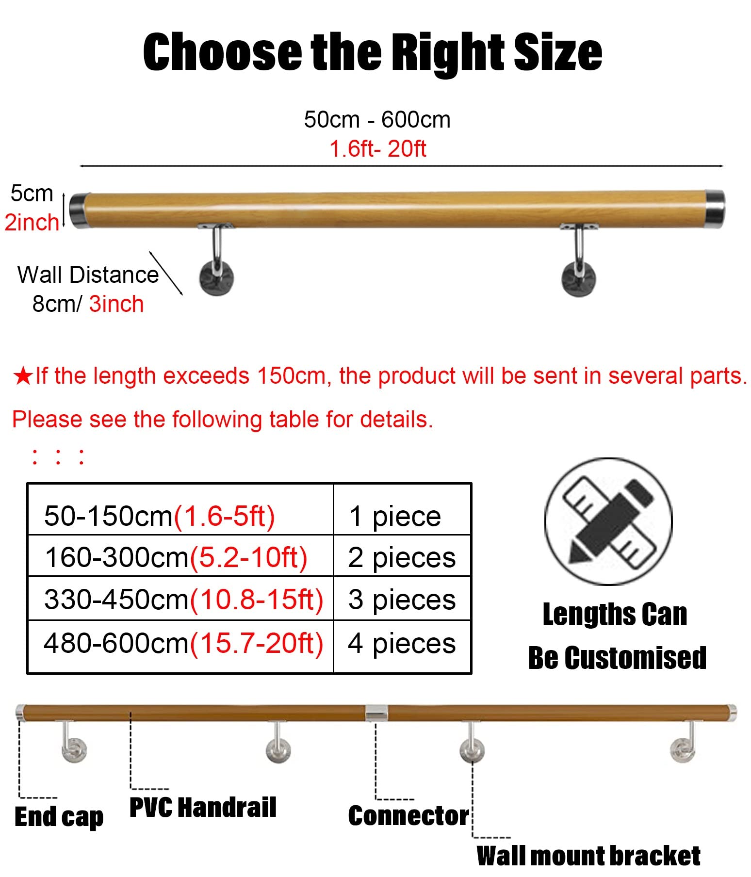Kit de Montaje de barandilla Completa de 1,6 m con Soportes para Bricolaje (Color Madera, 1,2 m (3,9 pies))