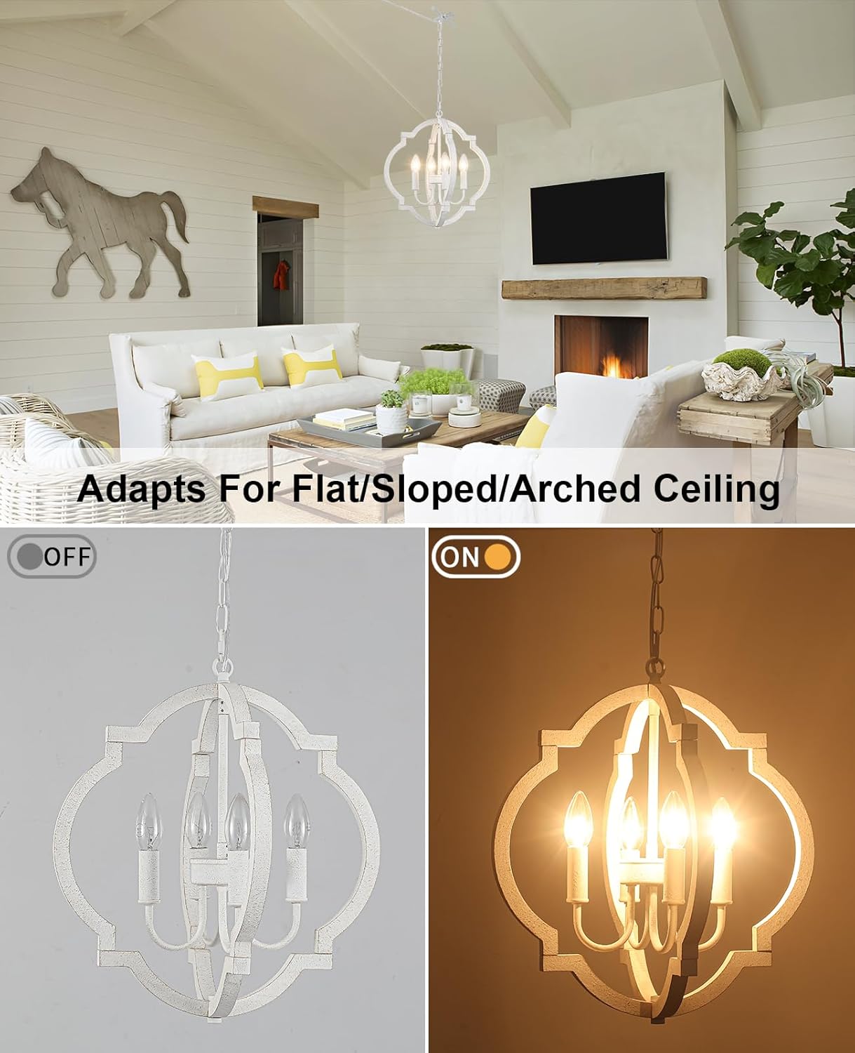LASENCHOO Plug in White Farmhouse Chandelier Lighting with Long Cord, 4-Light Hanging Light Fixture Plug in Pendant Light for Ceiling, Wood Rustic Geometric Chandeliers for Dining Room Gazebo Outdoor