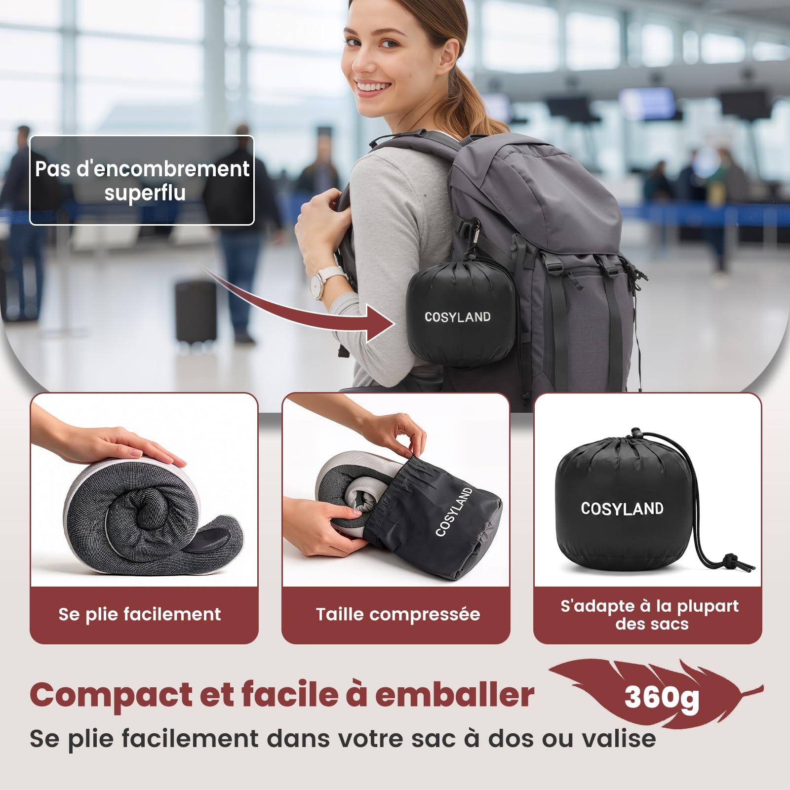 COSYLAND Coussin de Nuque en Mousse à mémoire de Forme pour Avion et Voiture - Support à 360° - Réglable - Cale-Nuque Ergonomique pour Adulte - avec Sac, Masque de Sommeil et Bouchons d'oreilles
