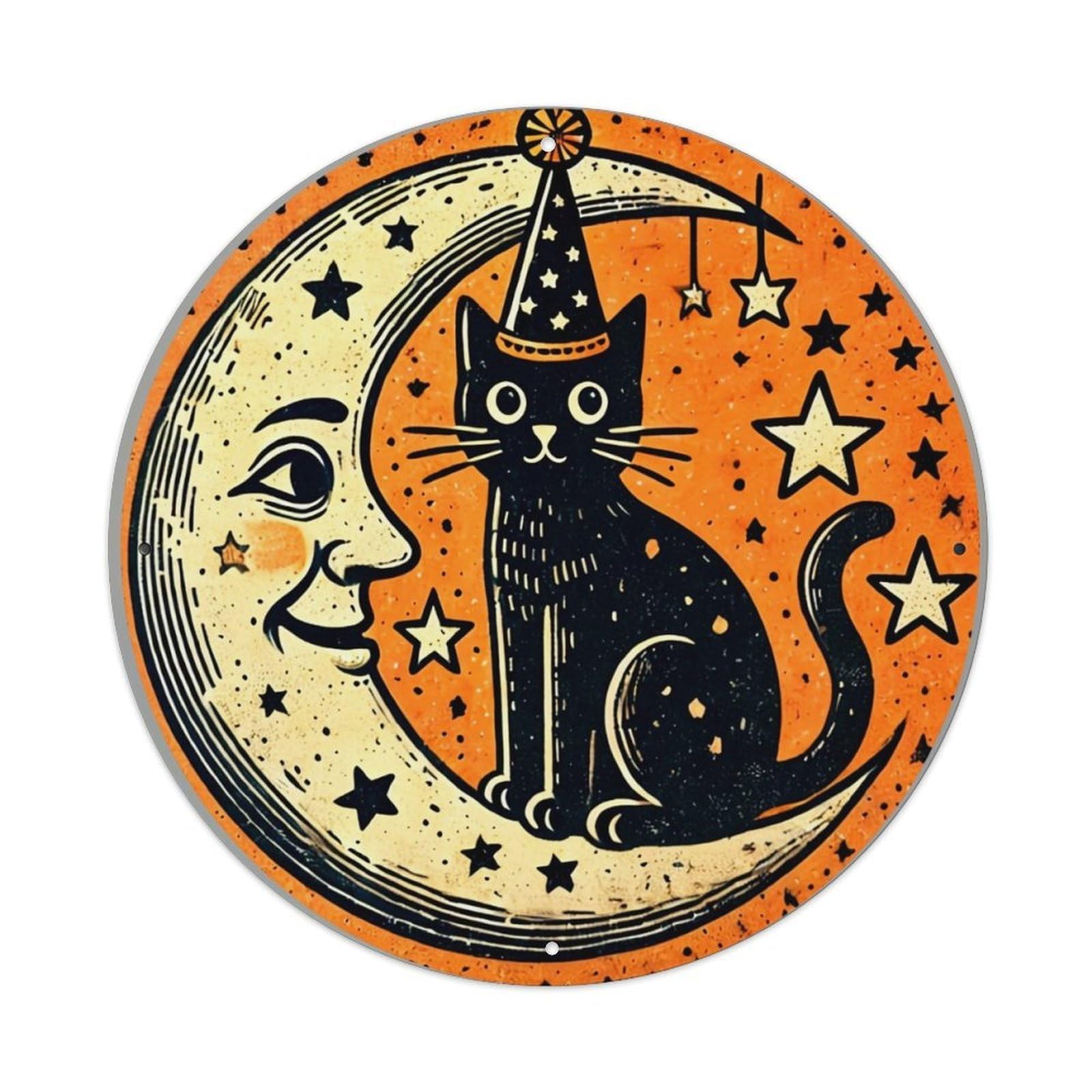 Black Cat On Crescent Moon Metal Tin Sign Plaque
