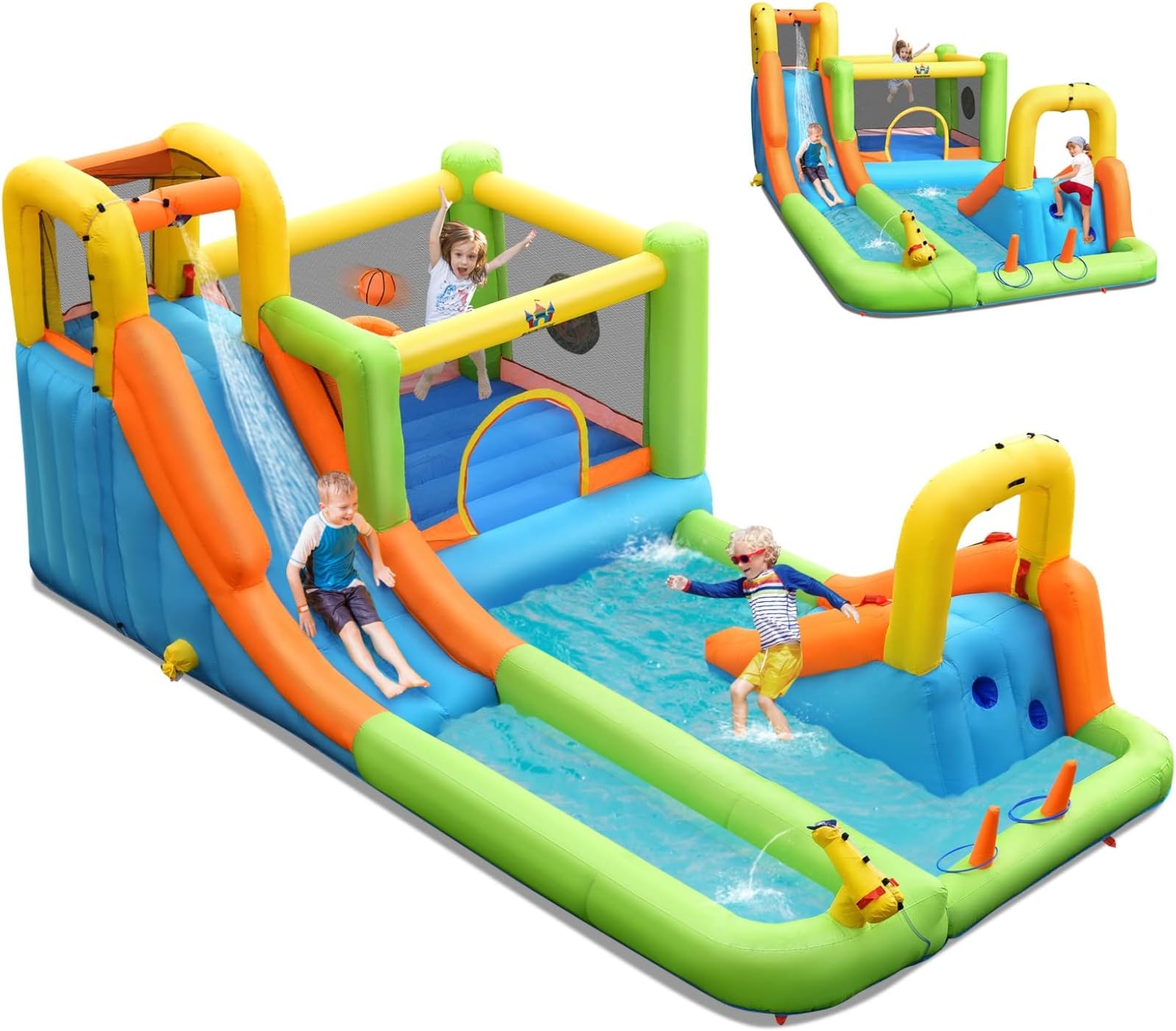 BOUNTECH Inflatable Water Slide, 8-in-1 Dual Slides Kids Water Park Jump Castle, Water Slides Inflatables for Outdoor with Splash Pool, Water Slide Bounce House for Big Kids Backyard Party Gifts