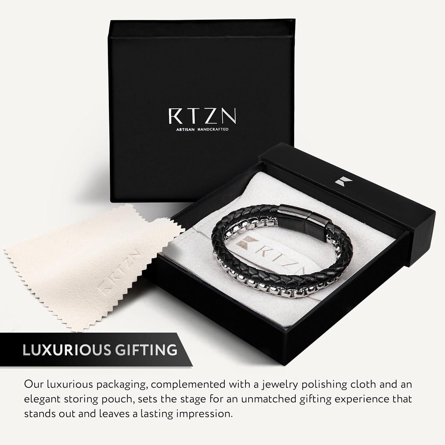 RTZN® Black Leather Bracelets for Men – Premium Artisan Handcrafted Collection – Single, Stacked, & Double Strand Braided Leather, Onyx Stone & Silver Chain Designs – Authentic Men's Leather Bracelets - Image 5