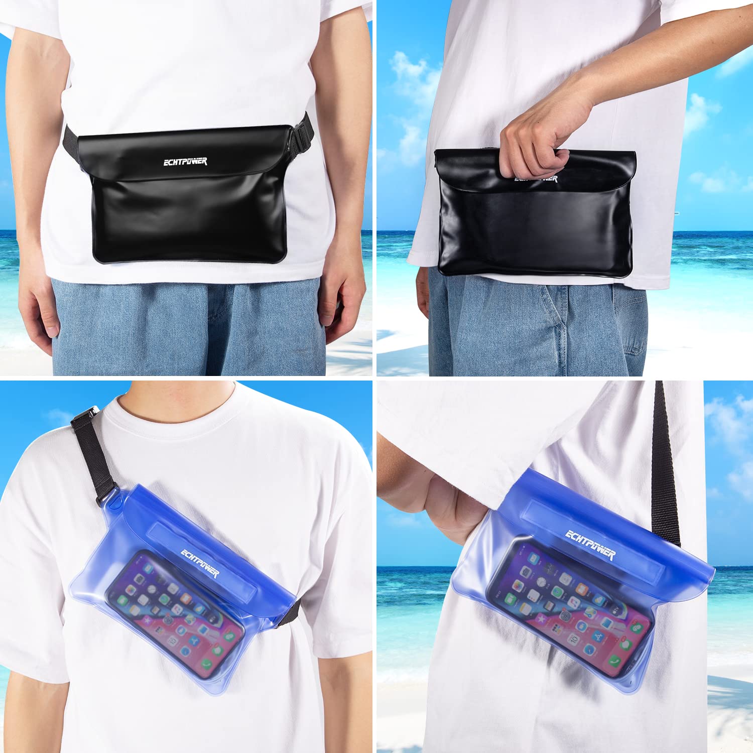 ECHTPower Borsa Impermeabile IPX8 [2 Pezzi], Marsupio Impermeabile con Tripla Protezione, Schermo Touch, Cintura Regolabile Estesa, Custodia Impermeabile per Mare,Subacqueo, Spiaggia, Barca, Cellulare