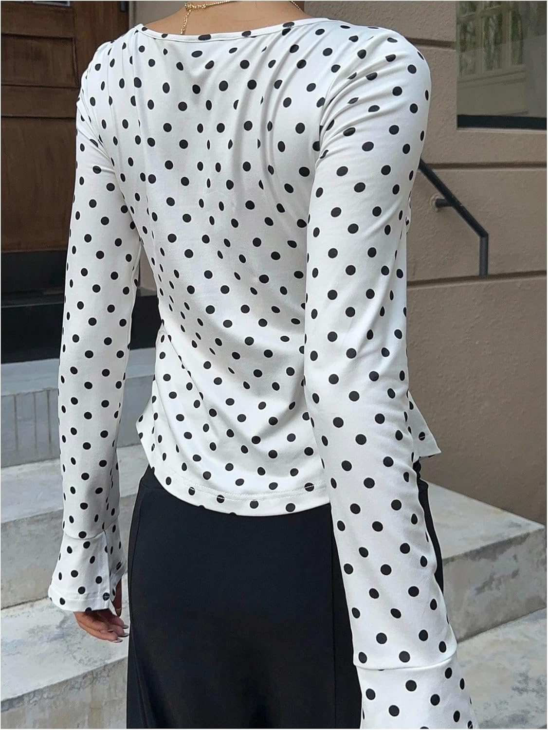 OYOANGLE Women's Polka Dots Sweetheart Neck Tie Front Top Long Sleeve T Shirts - Image 3