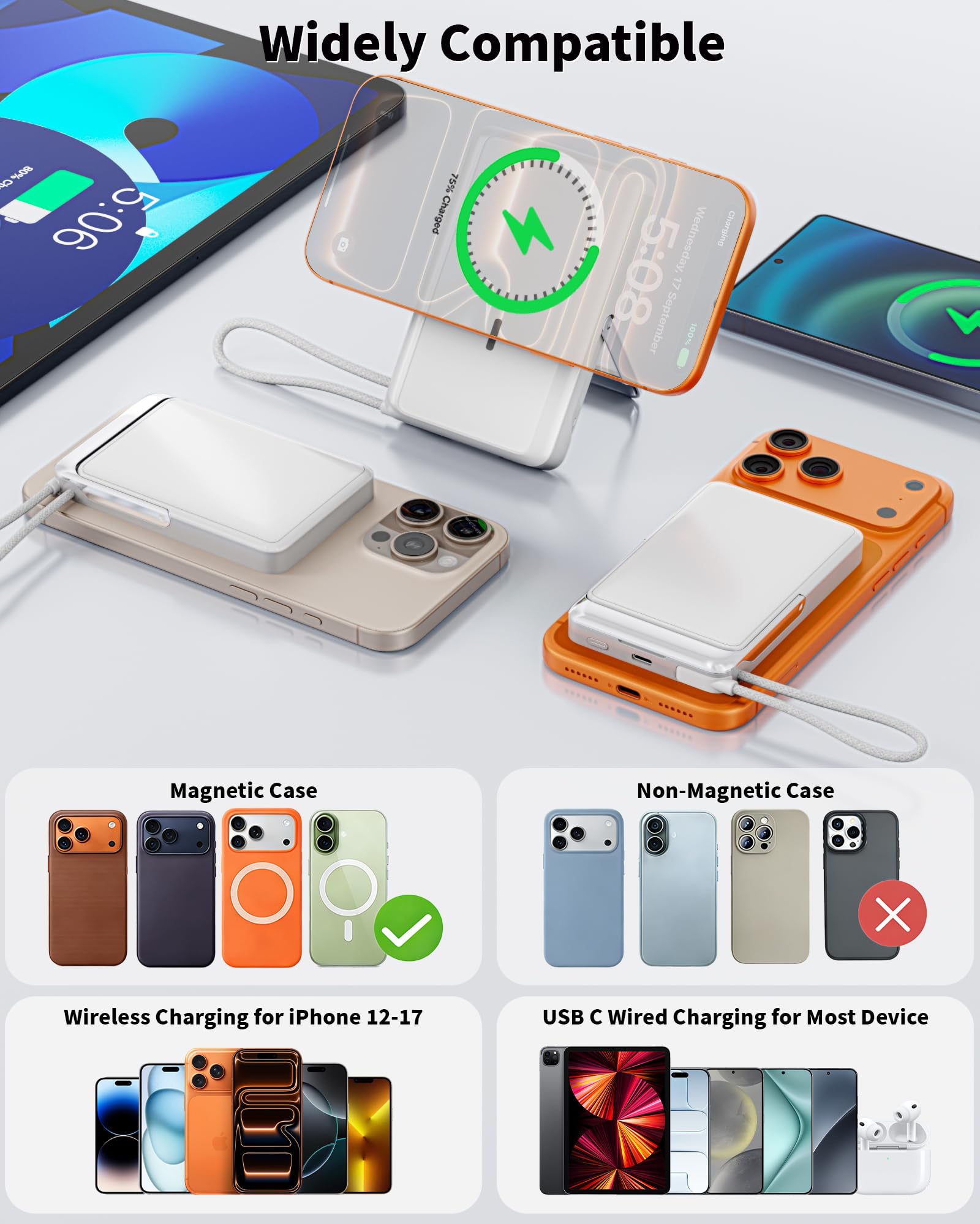 Magnetic Power Bank Wireless Portable Charger, 10000mAH Power Bank for Magsafe Battery Pack with Foldable Stand Built-in USB C Cable, 22.5W Fast Charging Travel Essential for iPhone 17 16 15 14 13 12 — view 6
