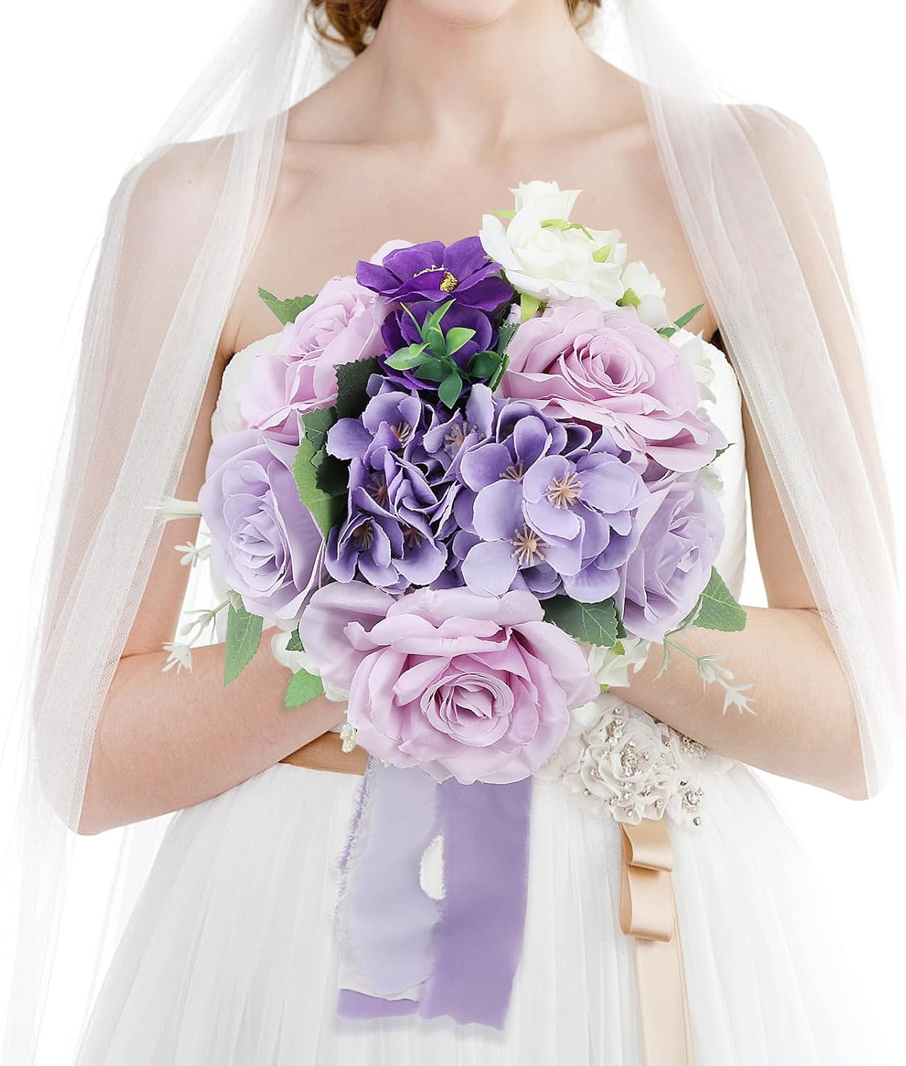 Wedding Bouquets for Bride - Artificial Bridal Bouquets Pre-Made Roses Flower Bouquets for Vintage Wedding or Centerpieces Decoration - Lilac & White
