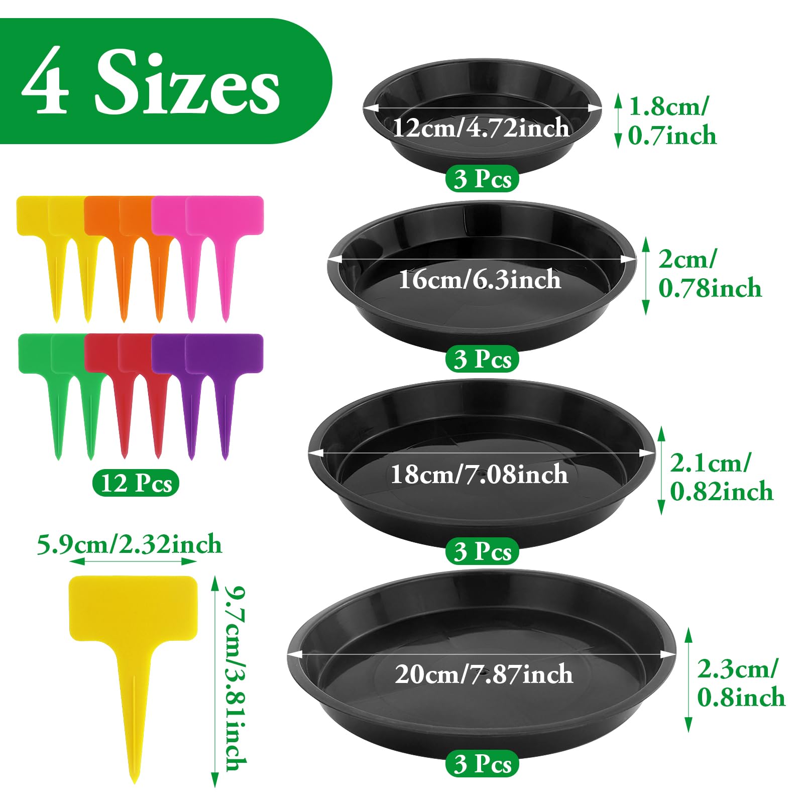 12 Soucoupes Pour Plantes En Plastique Noir - 3 Tailles (13cm, 18cm, 23cm) Avec Étiquettes - Intérieur & Extérieur