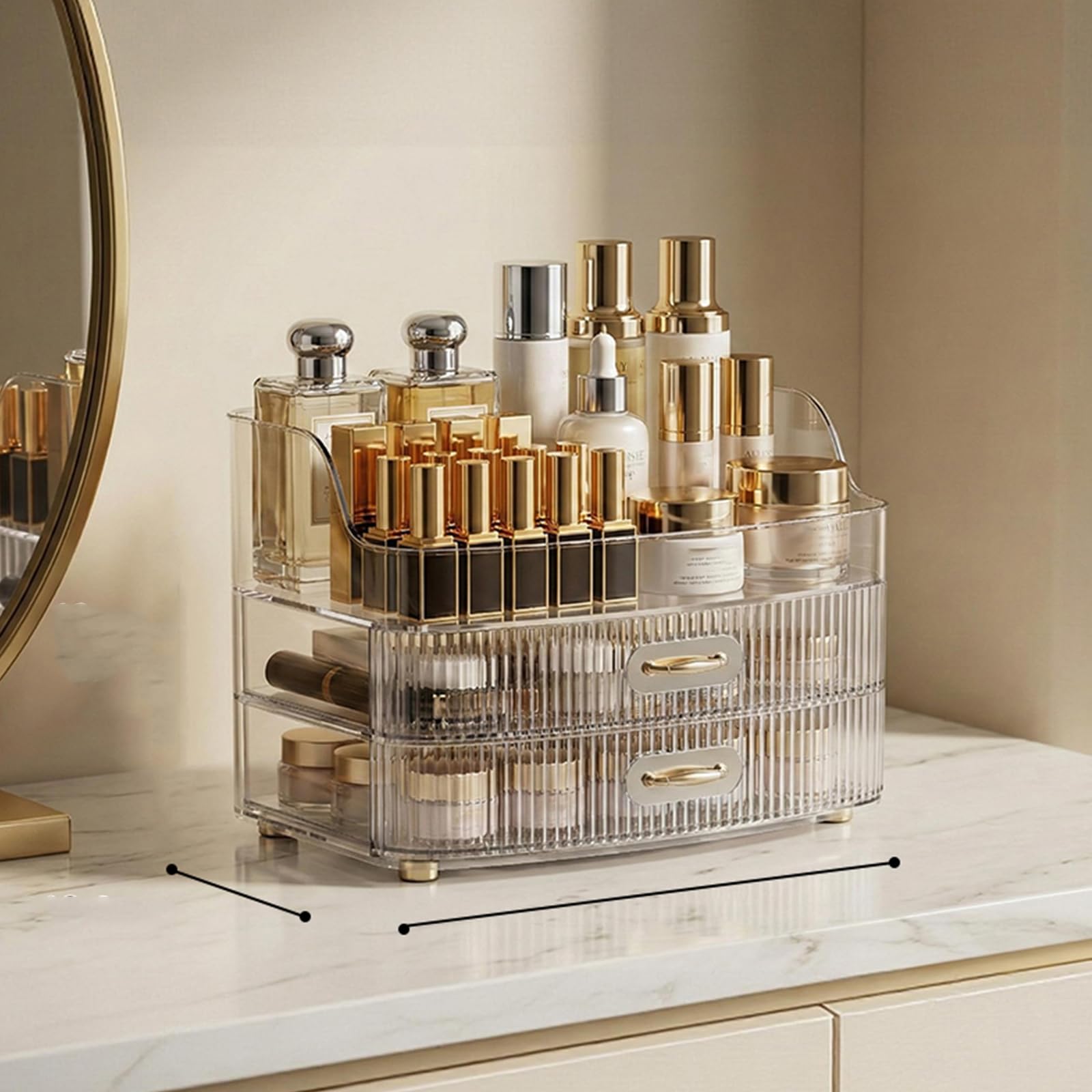 Organizador de maquillaje acrílico transparente con 2 cajones, caja de almacenamiento de cosméticos, 27 x 18,2 x 19 cm