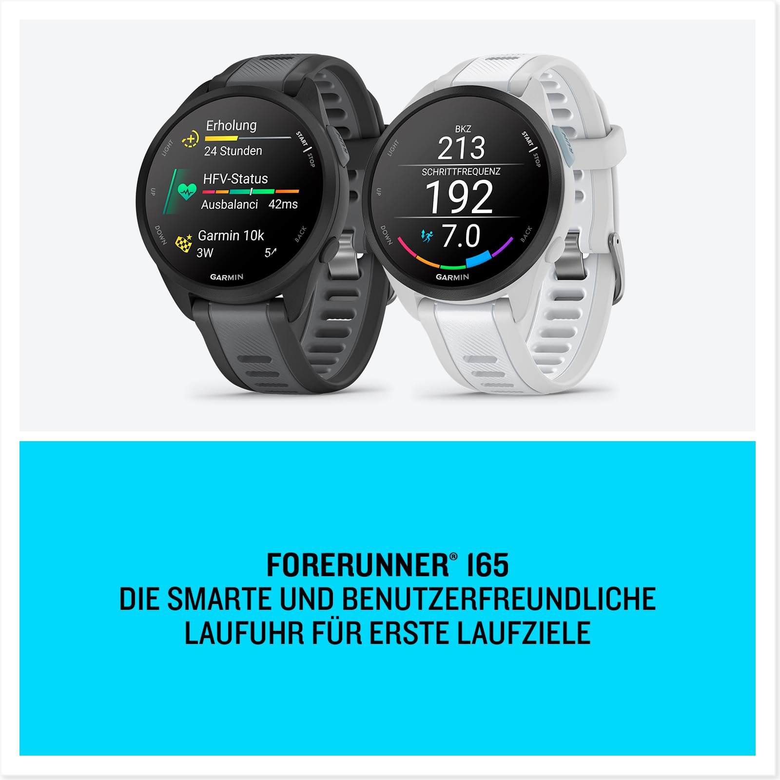 Garmin Forerunner 165 43mm - Lauf-Smartwatch, 1,2" AMOLED Touchscreen, bis zu 11 Tage Akkulaufzeit, 25+ Sport-Apps, Trainingsempfehlungen, Gesundheitsdaten, smarten Funktionen