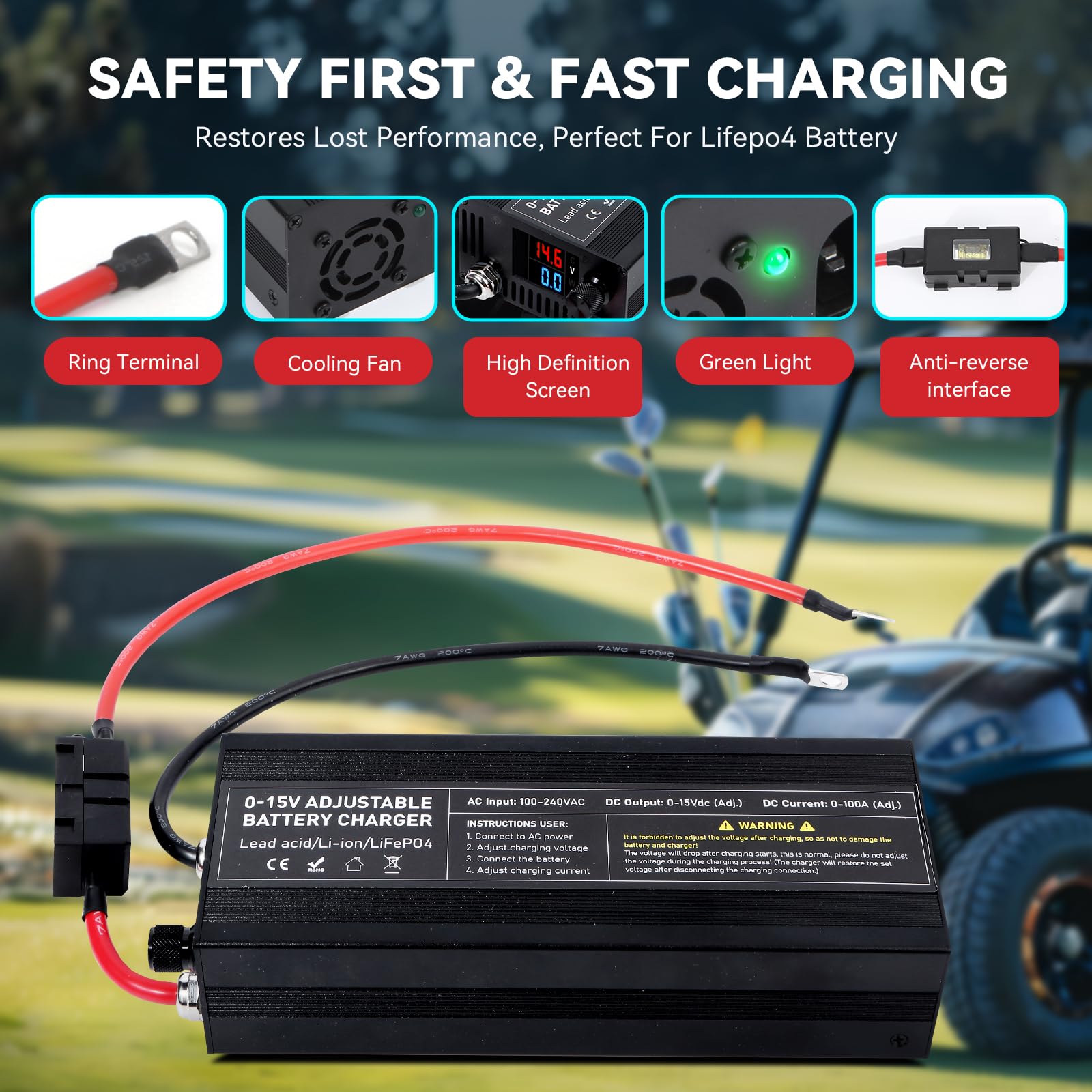 Cargador de Batería LiFePO4 12V/14.6V 100A con Gran Pantalla LED Inteligente, Adecuado como Cargador para baterías de automóvil, Motocicleta, cortacésped, yate y Barco