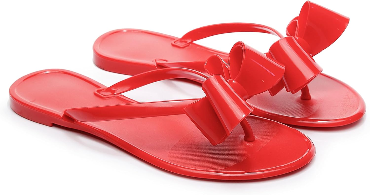 Womens Flip Flops Bow Sandals Jelly Shoes Thong Flats Cute Ladies Beige Slides Waterproof Slip On Summer Beach Dressy Slippers for Walking image 2