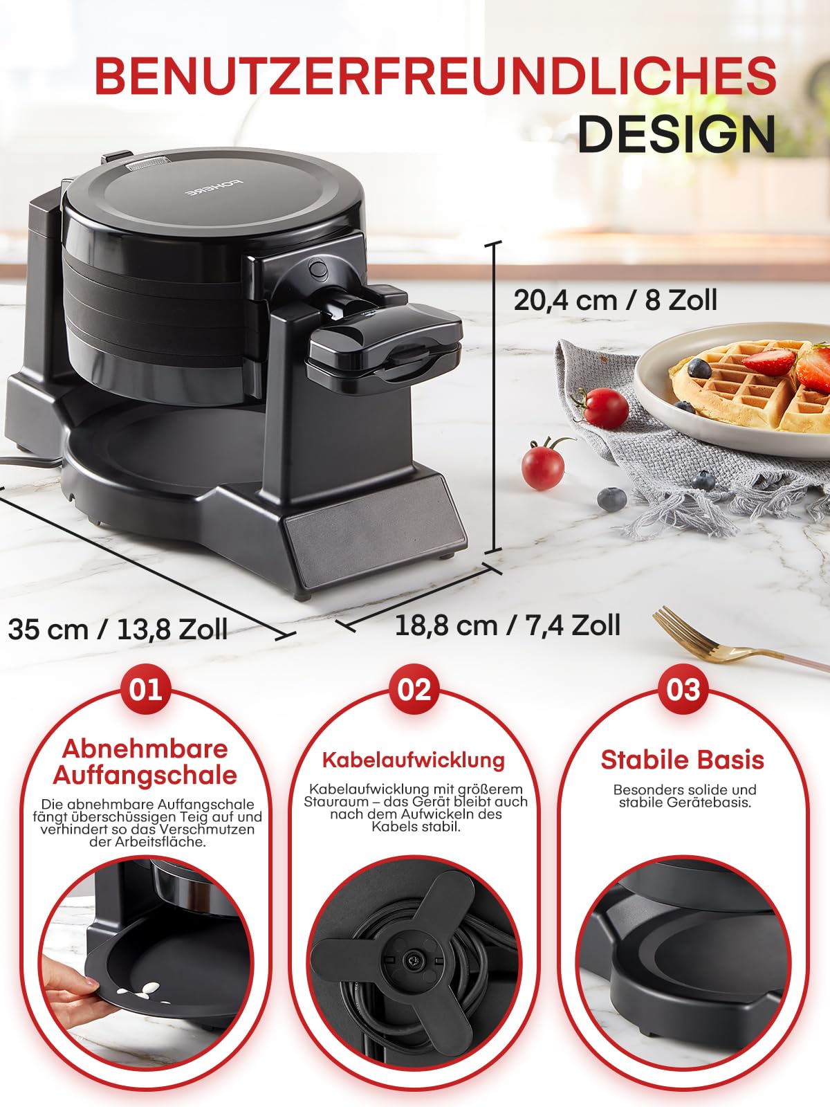 Waffeleisen 1400W Doppeltes Belgisches Waffeleisen 180° Drehung, 8 Scheiben in 3 Min., Antihaft-Platten, Anti-Verbrennungsschutz, Abnehmbare Auffangschale Einfach zu Reinigen, Waffle Maker