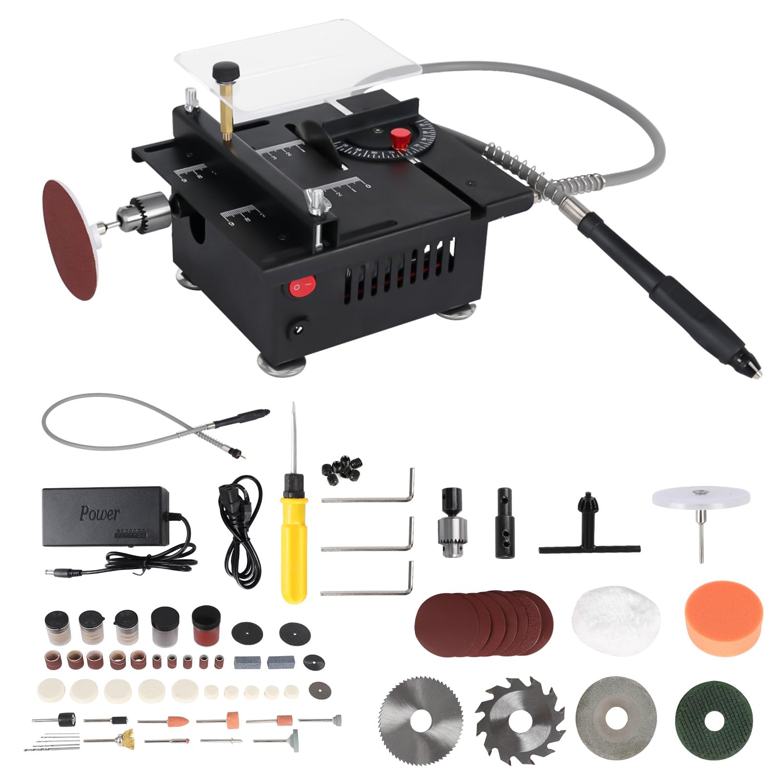 ConBlom Mini scie de table, 100 W, 7 vitesses, angle de coupe 0-90°, profondeur de coupe de 16 mm, idéale pour le bricolage, l'artisanat, le travail du bois