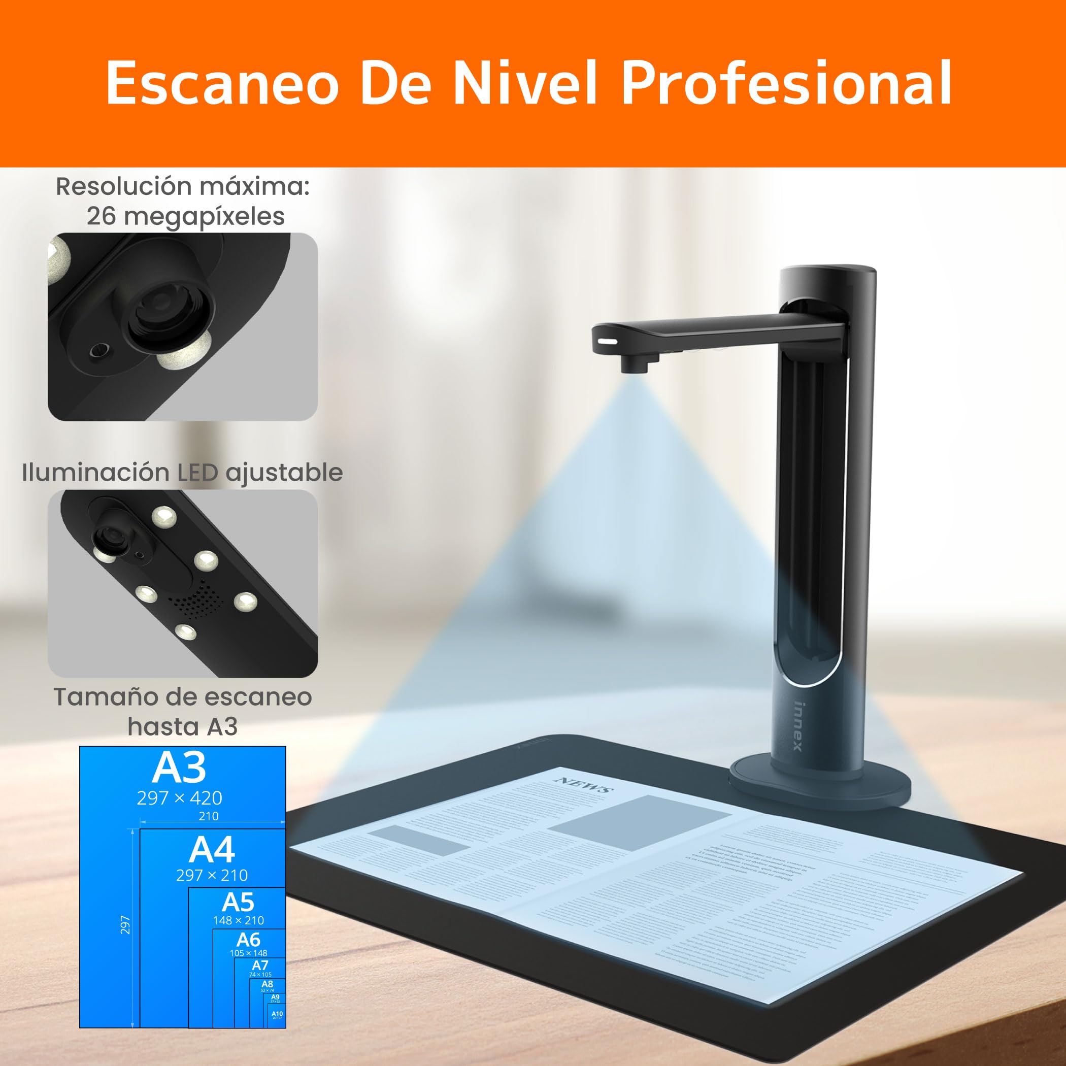 Innex DS200 - Escáner profesional USB de libros, 20.1MP, escaneo A3, OCR de más de 120 idiomas, aplanado automático, dedo eliminado, micrófono integrado