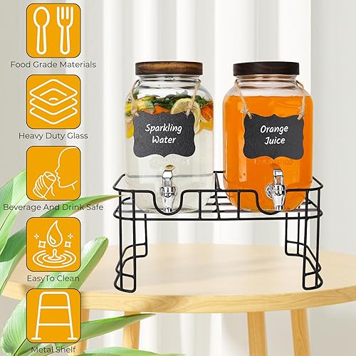 Miniatura 3 de Dispensadores de bebidas de vidrio para fiestas, paquete de 2 dispensadores de bebidas de 1 galón con tapas de madera, soporte de metal y espita