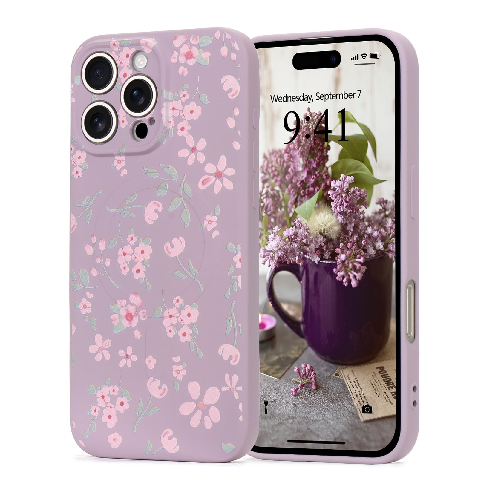 Wirvyuer Floral Elegant Design Phone Case for iPhone 16 Pro, Compatible with MagSafe Shockproof Protective Cover for Women Girls Slim Fashion Flower