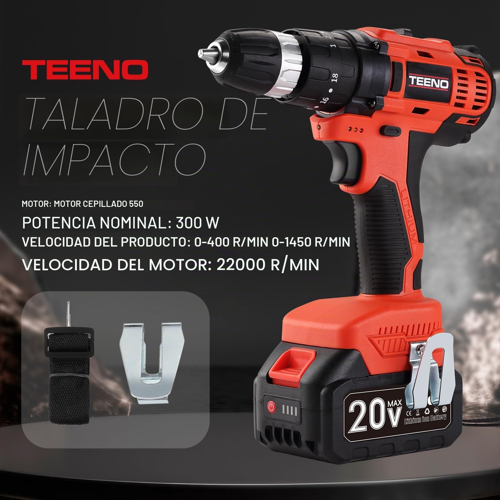 TEENO Kit 3 Herramientas 20V Llave de Impacto Inalámbrica sin Escobillas, Taladro Percutor, Amoladora Angular sin Escobillas, Baterías 2x 3,0 Ah