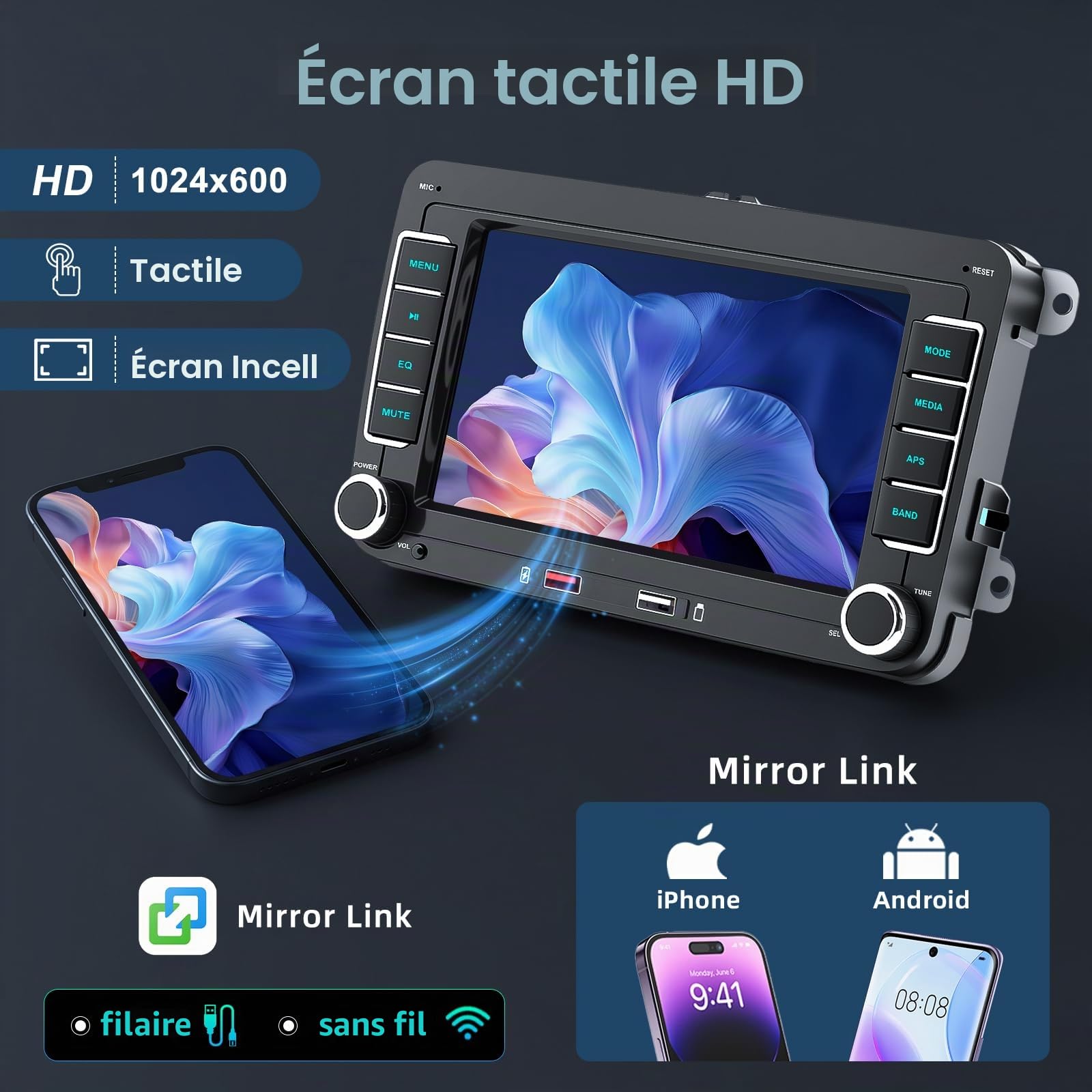 Autoradio pour VW Golf Passat Polo Caddy Tiguan Touran Seat, Radio Voiture 7" Écran Tactile HD avec CarPlay et Android Auto sans Fil, Bluetooth, Mirror Link, FM/AM RDS, Canbus, SWC