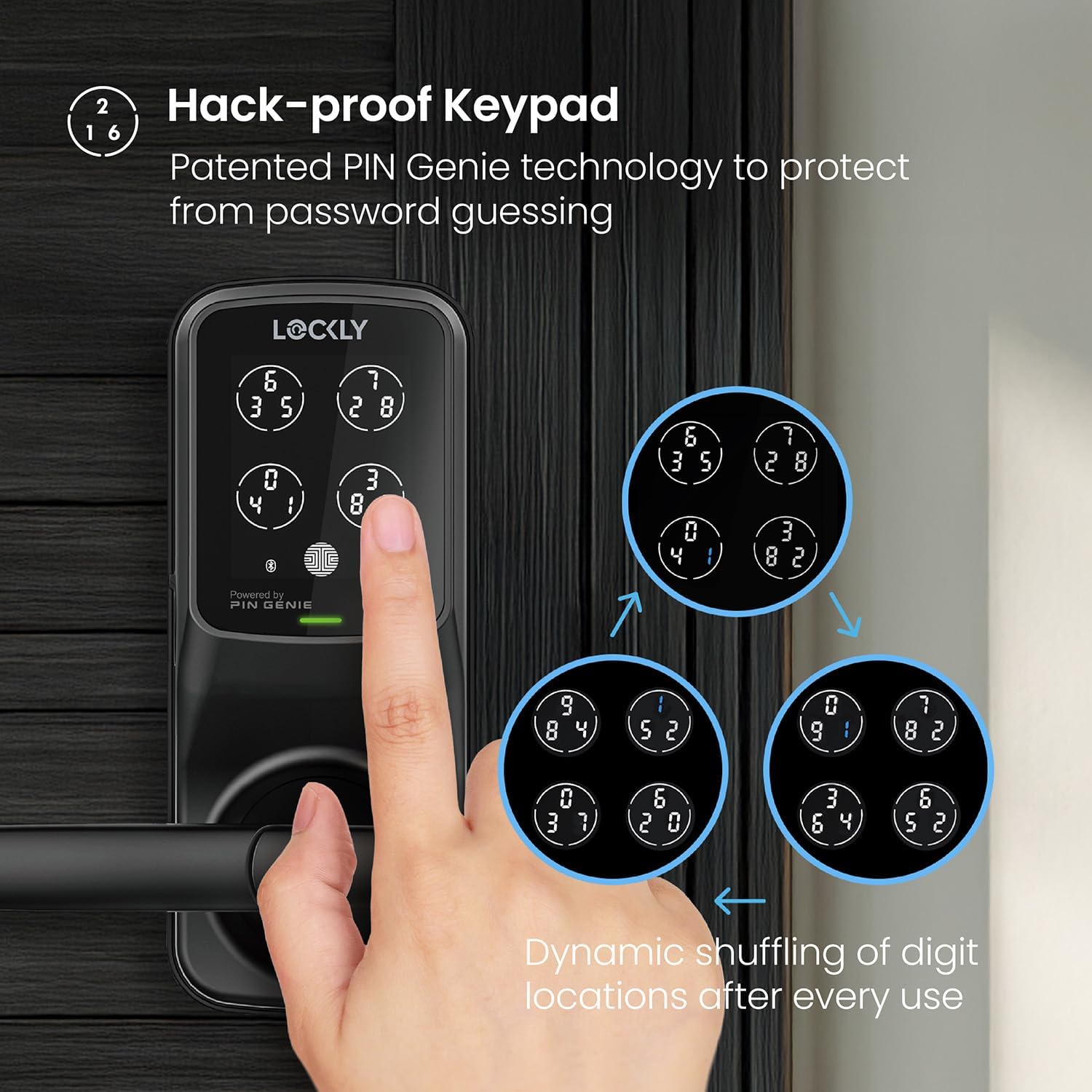 Close-up of the Lockly PIN Genie keypad showing dynamic shuffling of digits