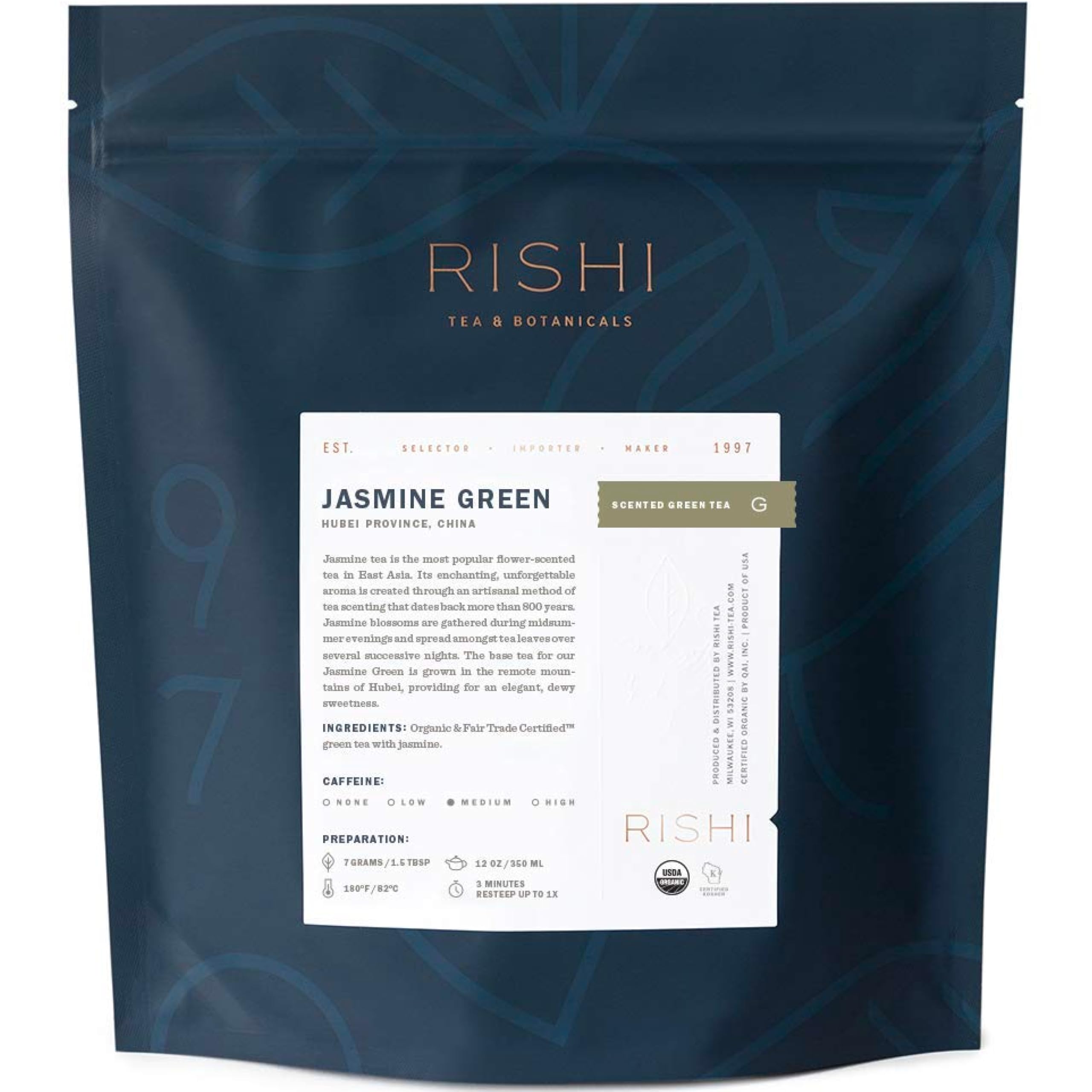 Rishi Tea Jasmine Green Tea - Organic Loose Leaf Tea, Caffeinated Scented Chinese Green Tea with Floral Aroma & Taste - 16 Ounces, 64+ Servings