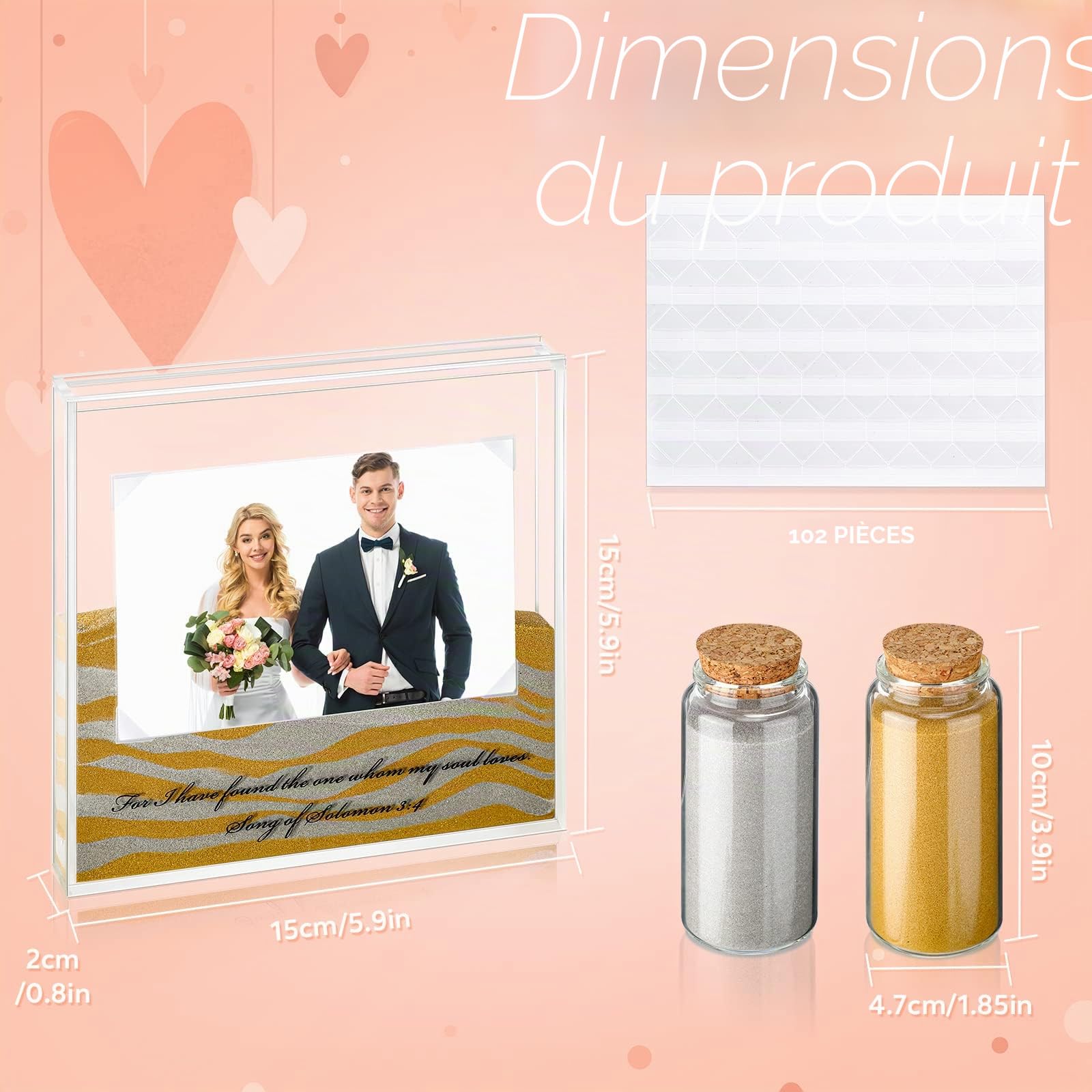 Kit de cérémonie de sable pour mariage comprenant 2 cadres photo en acrylique transparent et 2 supports de sable pour décoration de mariage, décoration d'intérieur