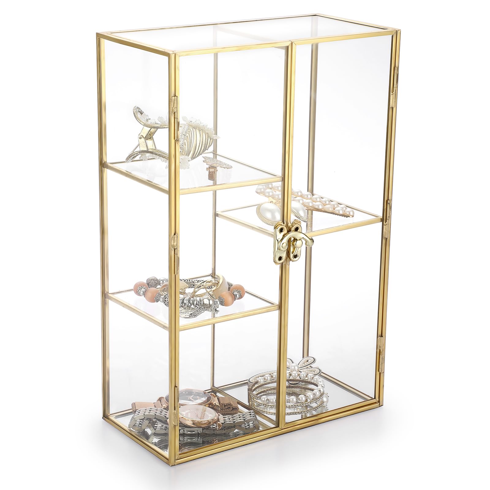 Gold Brass Glass Display Organizer Cabinet with Doule Doors and Lock - 5 Slots Tabletop Storage Holder, Figurines Display Case, Decorative Tower Box for Gemstones Agates Rocks Amber