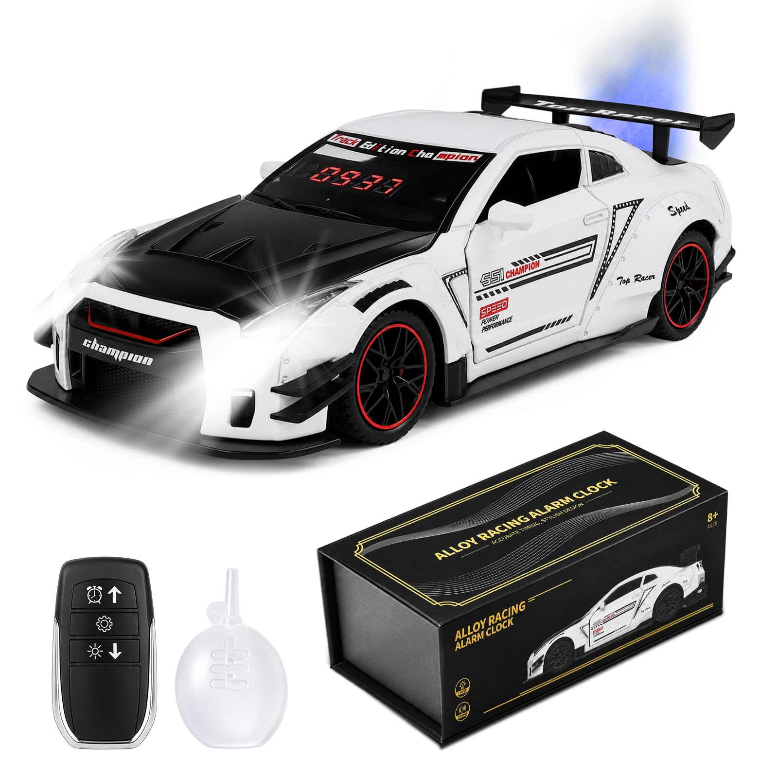 Sveglia rumorosa a forma di auto per adulti con sonno pesante con suono del motore | Hyper Car Model Digital LED Desk Decor, nebbia di scarico ed effetti di luce, auto da corsa pullback interattiva