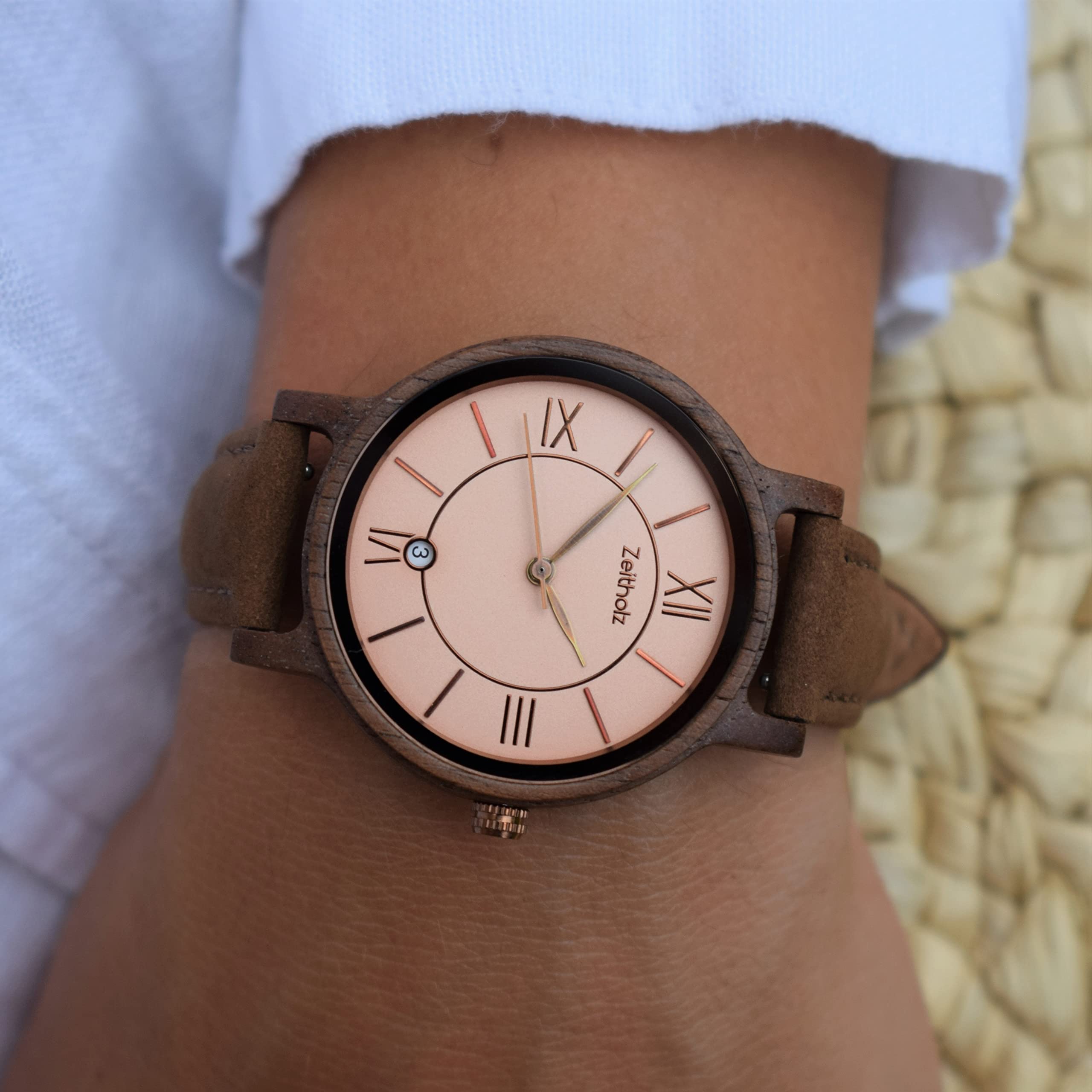 Holzuhr Damen, Armbanduhr, Lederband Blau, Analog, Quarz, Neue Rosenbach Kollektion 36mm, Naturholz mit Japanischem Quarzwerk. Eine Aussergewöhnlich Vielseitige Damenuhr