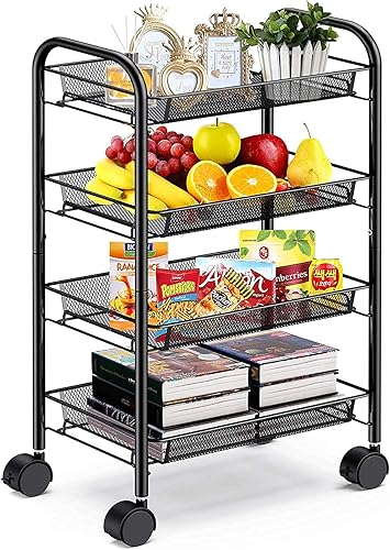 Simpli-Magic Carrito de almacenamiento de 4 niveles con cestas fijas, básico