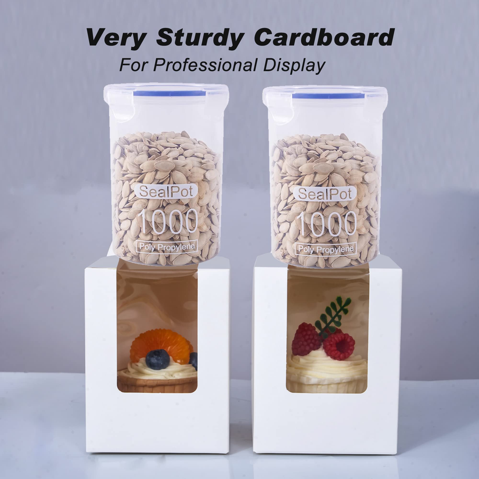 Zzrywuty Paquete de 60 cajas portátiles individuales para cupcakes con asa, 3.5 x 3.5 x 4.5 pulgadas, cajas de repostería con ventana para galletas, fresas de chocolate, postre, donas, cupcakes