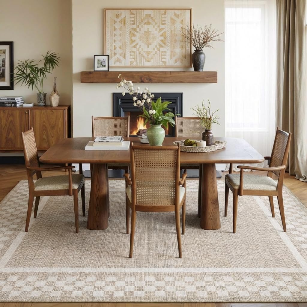 Garvee Checkerboard Border 5x7 Living Room Rugs Modern Neutral Washable Nursery Rug, Non Slip Non Shedding Accent Rug Stain Resistant Low Pile Farmhouse Mats for Bedroom, Dining Room, Office, Beige