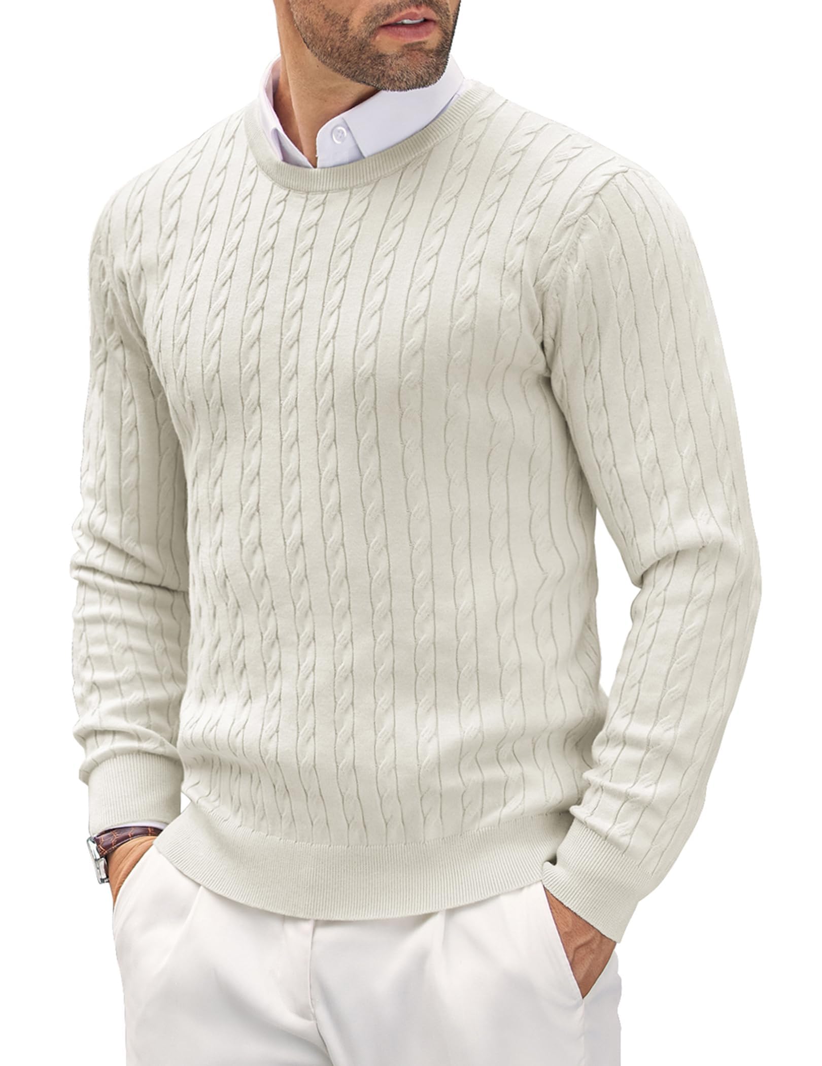 COOFANDY Herren Pullover Rundhals Kragen Zopfmuster Pullover Slim fit Sweater Leichter Freizeit Feinstrickpullover