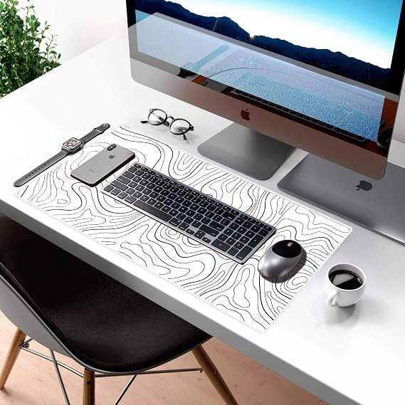 HGWALP Large Gaming Mouse Pad & Extended XXL Computer Game Mouse Mat, Long Desk Pad with Stitched Edges for Keyboard Home Office Gaming Work Big Desk Pad (35.4x15.7x0.12IN, 90x40),White Topographic