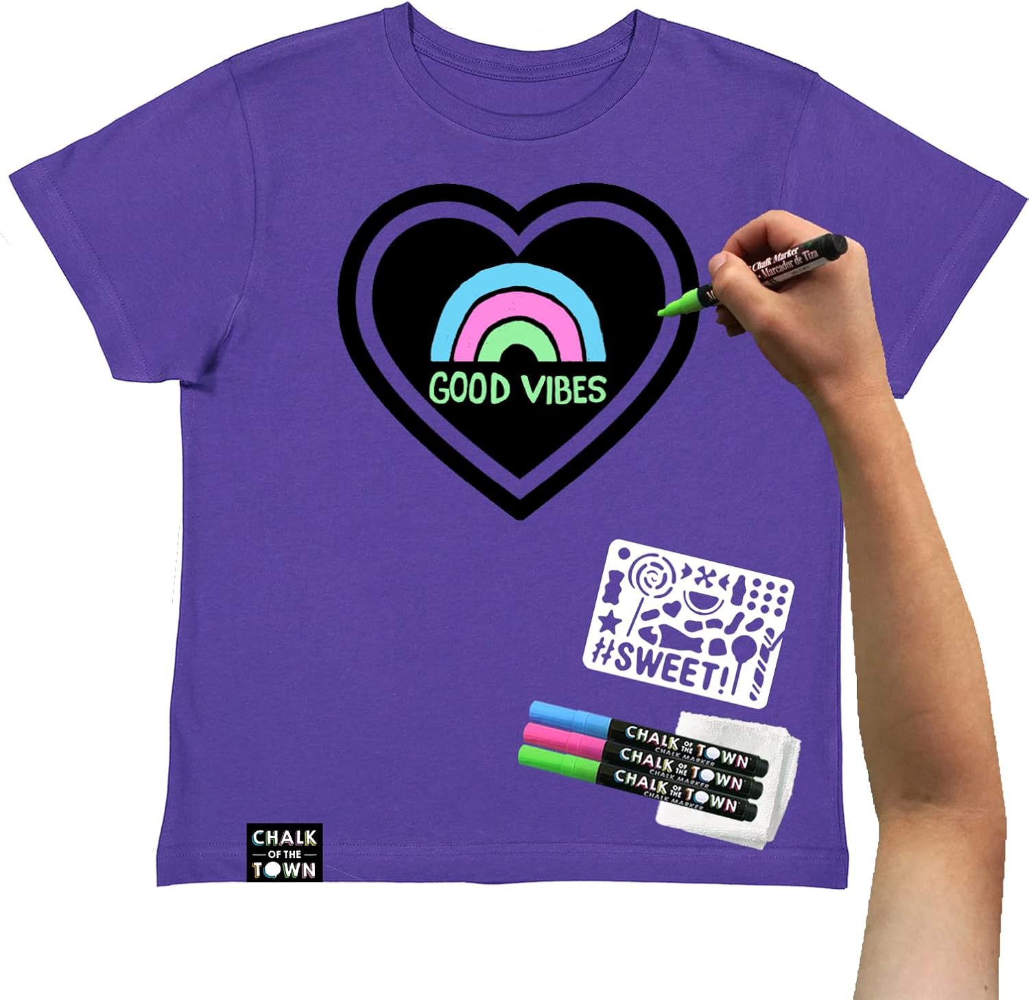 Chalk of the Town Purple Heart Chalkboard Short Sleeve T-Shirt Kit for Kids with 3 Markers and Candy Stencil (Medium)