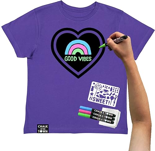 Miniatura 4 de Chalk of the Town Purple Heart Chalkboard Short Sleeve T-Shirt Kit for Kids with 3 Markers and Candy Stencil (Medium)