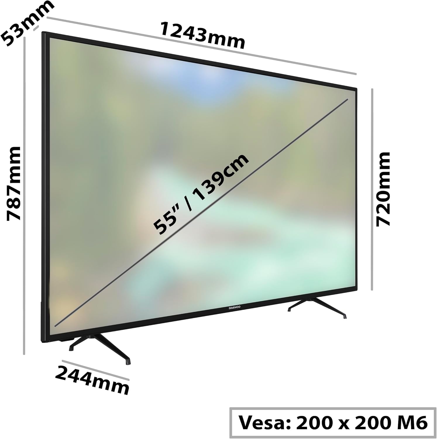 Side view of Daewoo D55DM54UAMS TV with dimensions: 1243mm width, 787mm height (with stand), 720mm height (without stand), 244mm depth (with stand), 53mm depth (without stand), and 55 inch / 139cm diagonal. VESA mount 200x200 M6.