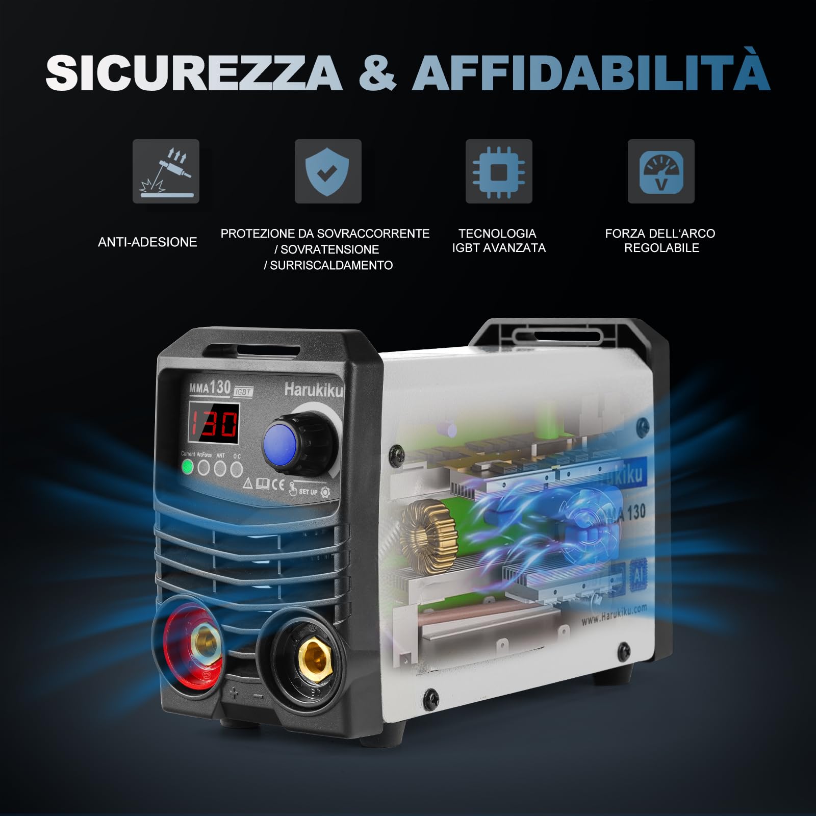 Saldatrice a Elettrodo MMA130 Digitale – Mini Saldatrice Inverter, Compatta e Leggera con Funzione Anti-Stick, Cavi 3+2 m, 21,5 x 14 x 8,5 cm, per Hobbisti e Fai da Te