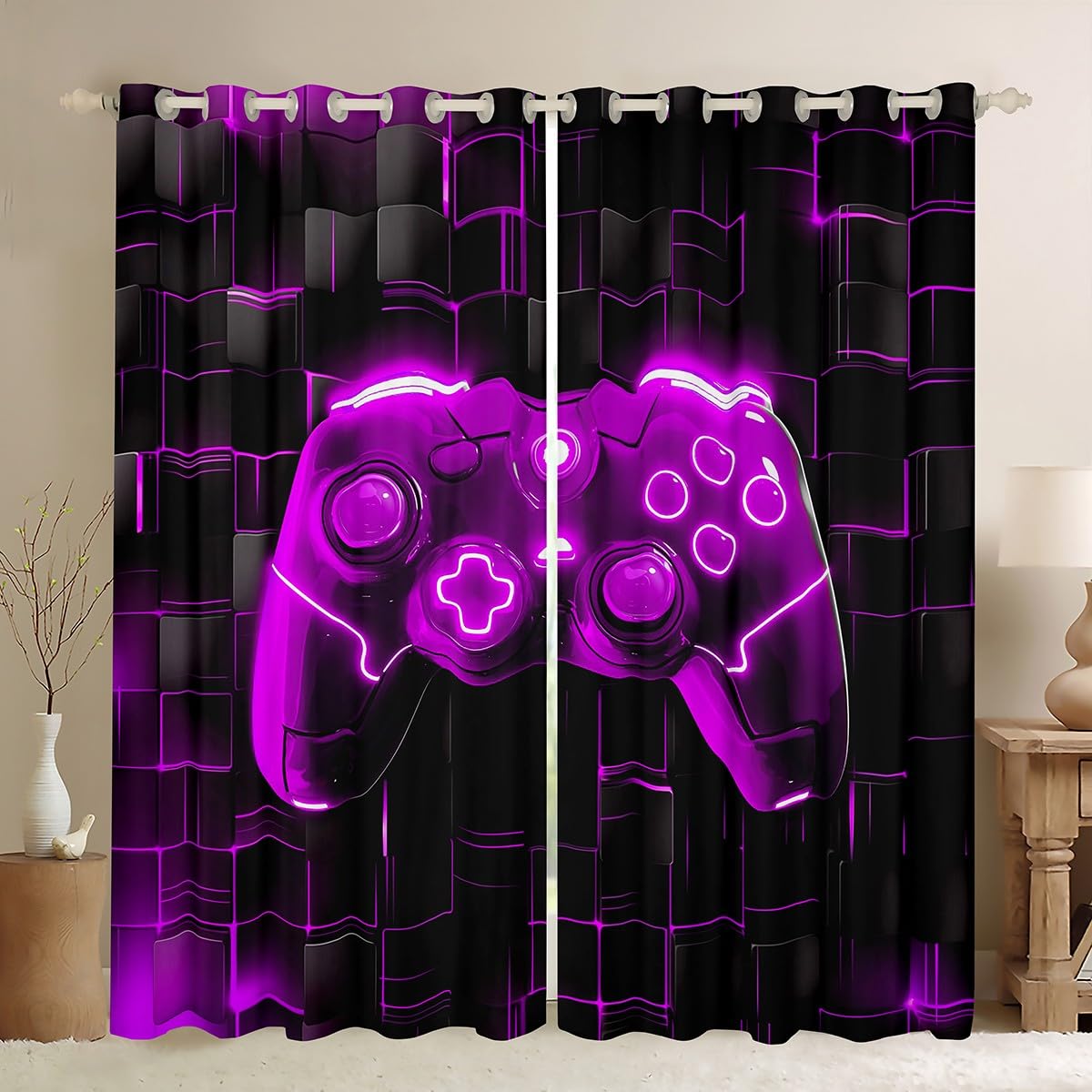 Manfei Teens Gaming Blackout Curtain Purple Video Games Window Treatments, Children Gamer Controller Window Drapes for Kids Boys Room Decor, Grommet Top 2 Panel Set Bedroom Curtains, 46Wx54L inch โ image 1