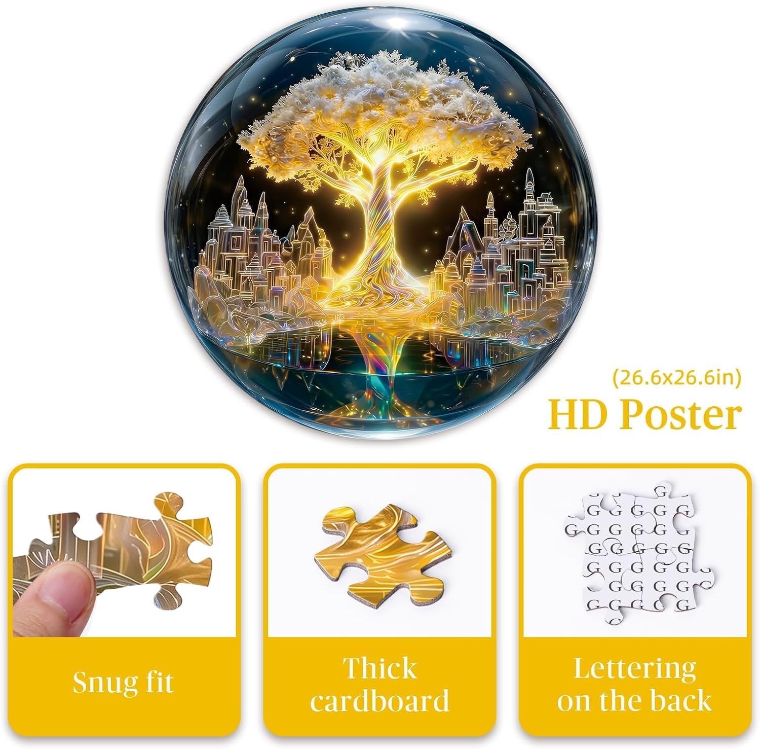 Round Jigsaw Puzzle 1000 Pieces - Tree of Life in Crystal Ball - 26.6" Fantasy Galaxy Design, Neon-Style Aesthetic Art, Mindful Activity Gift for Adults & Teens