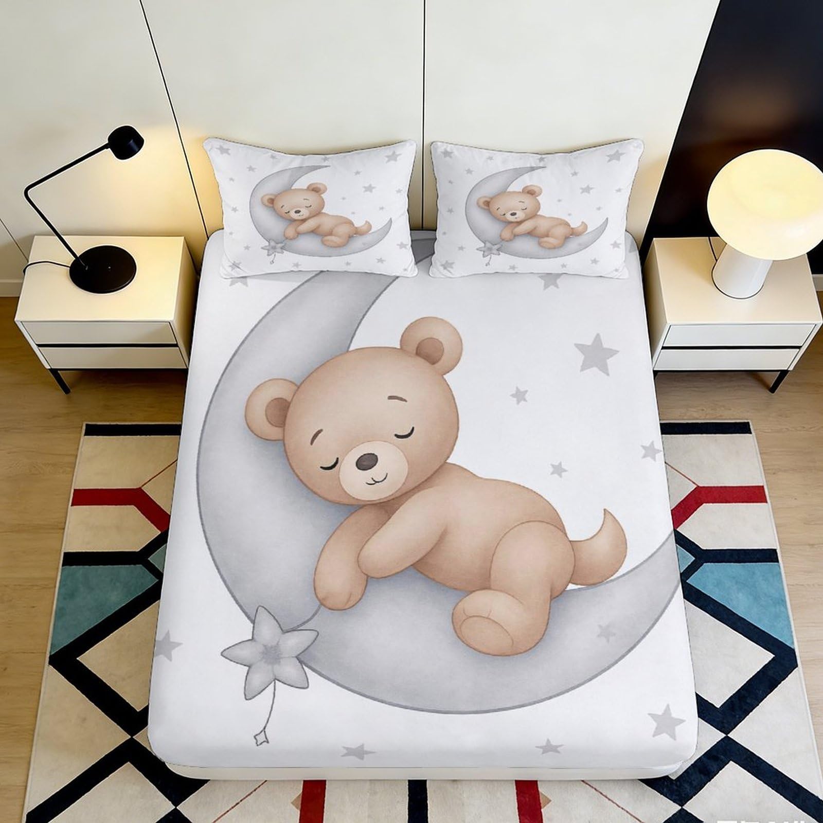 3D Printed Sleeping Bear Fitted Sheet Microfiber Soft Breathable Moon Star Mattress Cover for Bedroom Guest Room Decor 90x200x25cm