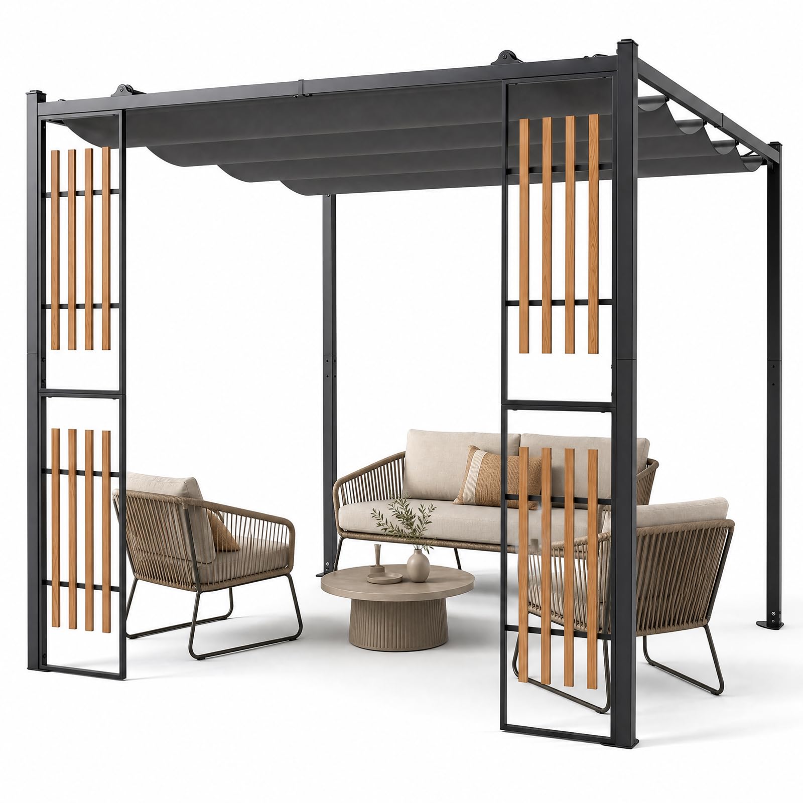 GOPLUS 2,32x2,32 M Pérgola de Jardín con Techo Retráctil y Pantallas | Cenador Cuadrado para Exteriores con Laterales Ajust, Lona de Poliéster, Estructura Metálica, Pabellón para Terraza, Gris