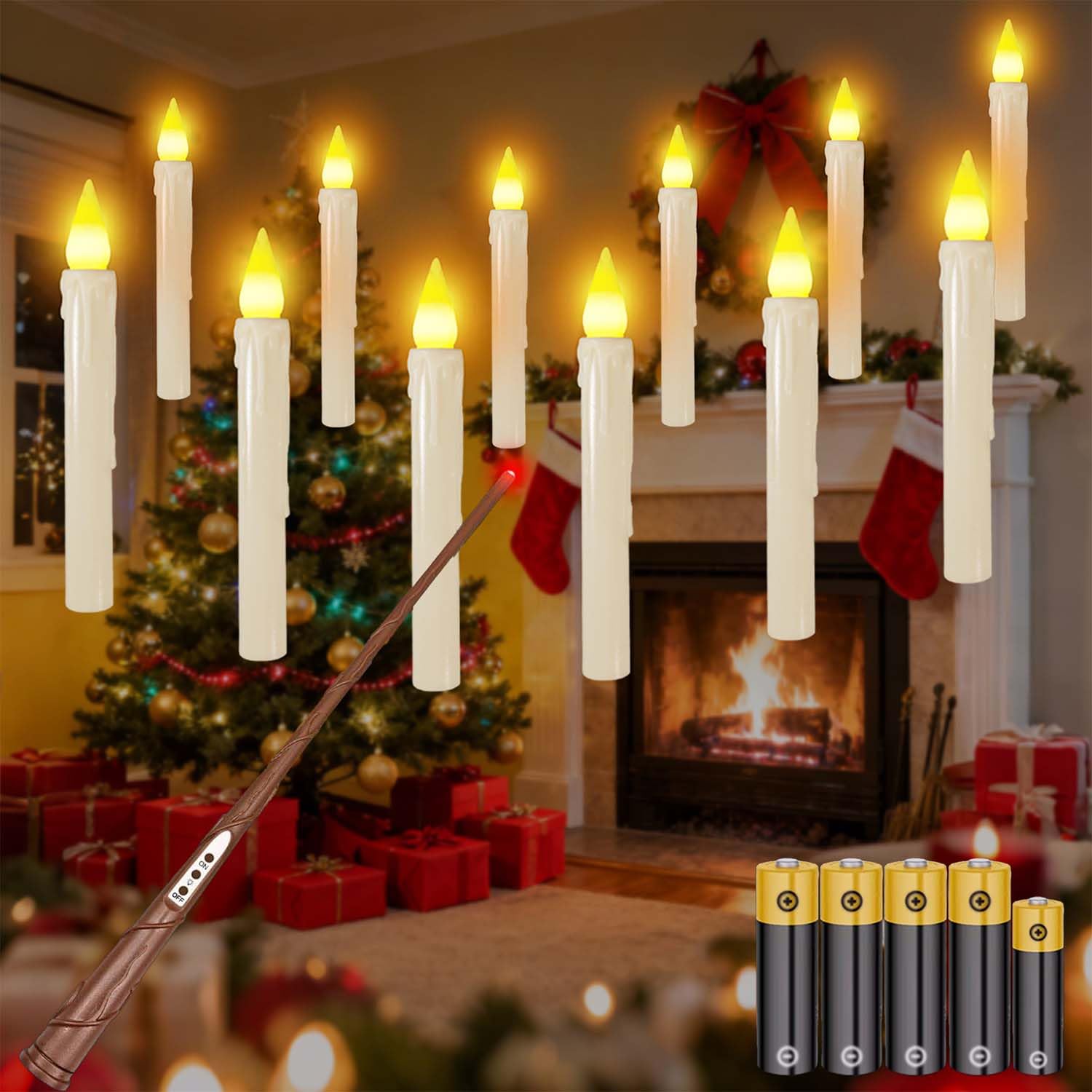 MozkeTo19 Christmas Decorations, 12PC Floating Candles with Wand, Flickering Warm Light Flameless Floating Led Candle, Battery Powered Christmas Tree Decoration Candles(12PC Including The Battery) — image 1