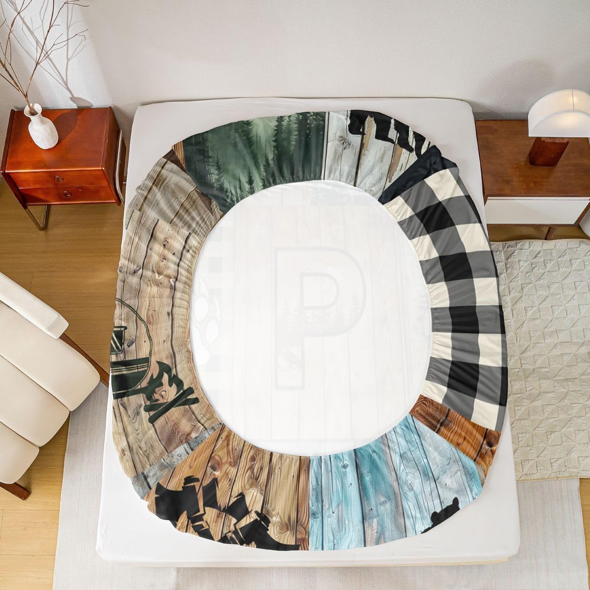 Erosebridal Hunting Bear Moose Deer Fitted Sheet Full Initial Letter P Bed Sheets Rustic Cabin Lodge Camping Bedding Set for Kids Teen Adults,Western Farmhouse Bear Paw Print Bed Cover 3 Pcs