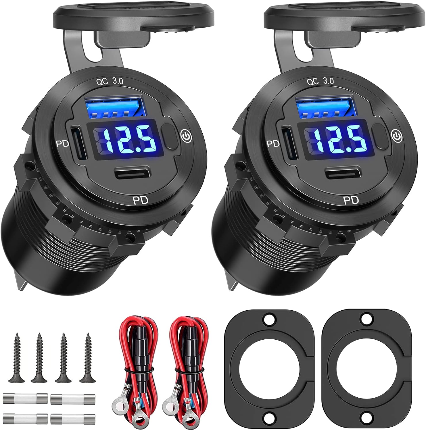 USB C Car Charger Socket 12V USB Outlet 2 Pack: Aluminum Metal 78W Dual PD 30W and 18W QC3.0 Port Multi Charger Outlet with LED Voltmeter Power Switch for RV Motorcycle Boat Marine USB C Car Charger Socket 12V USB Outlet 2 Pack: Aluminum Metal 78W Dual PD 30W and 18W QC3.0 Port Multi Charger Outlet with LED Voltmeter Power Switch for RV Motorcycle Boat Marine