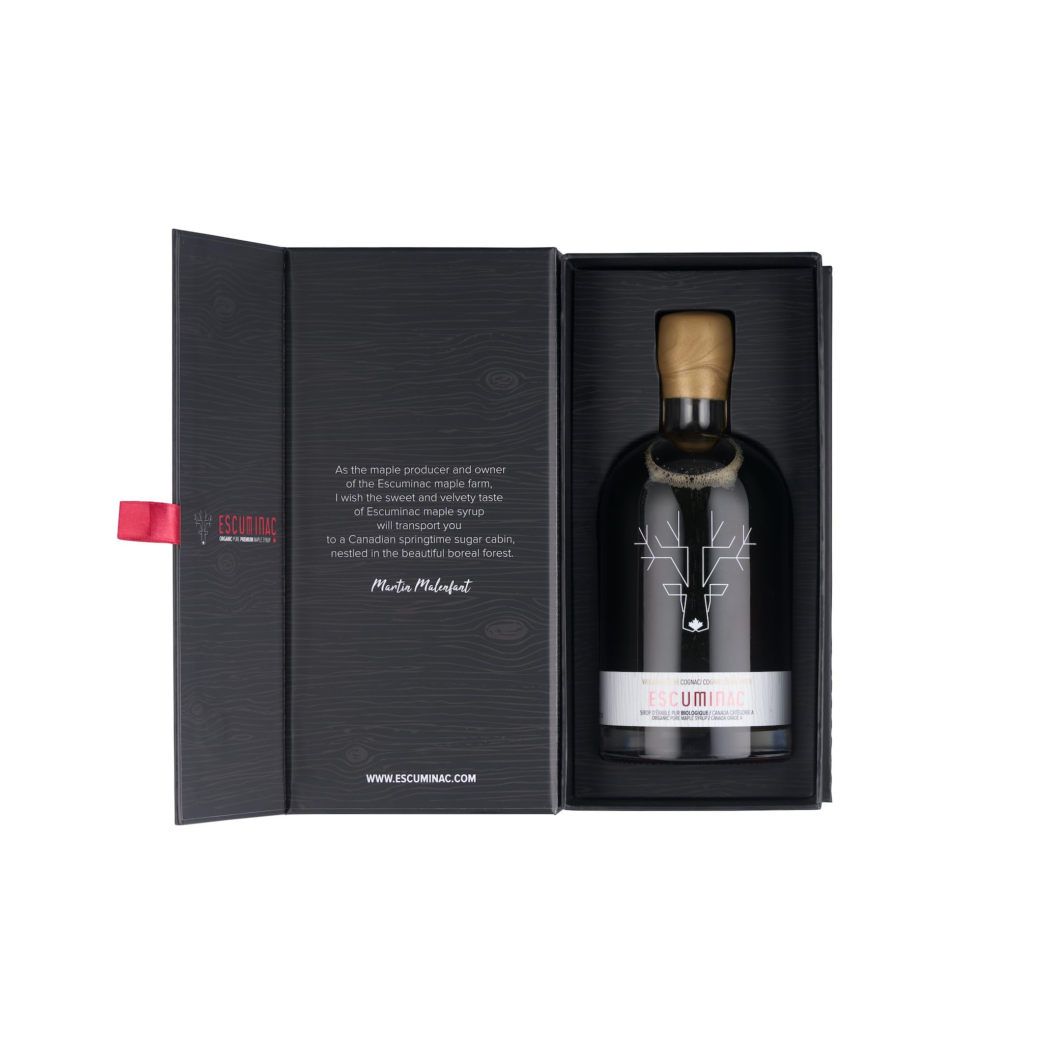 Escuminac Sirop d’Érable. Format 500 ml Vieilli en Fût de Cognac Boitier Cadeau. Certifié Biologique. Embouteillé au Domaine.