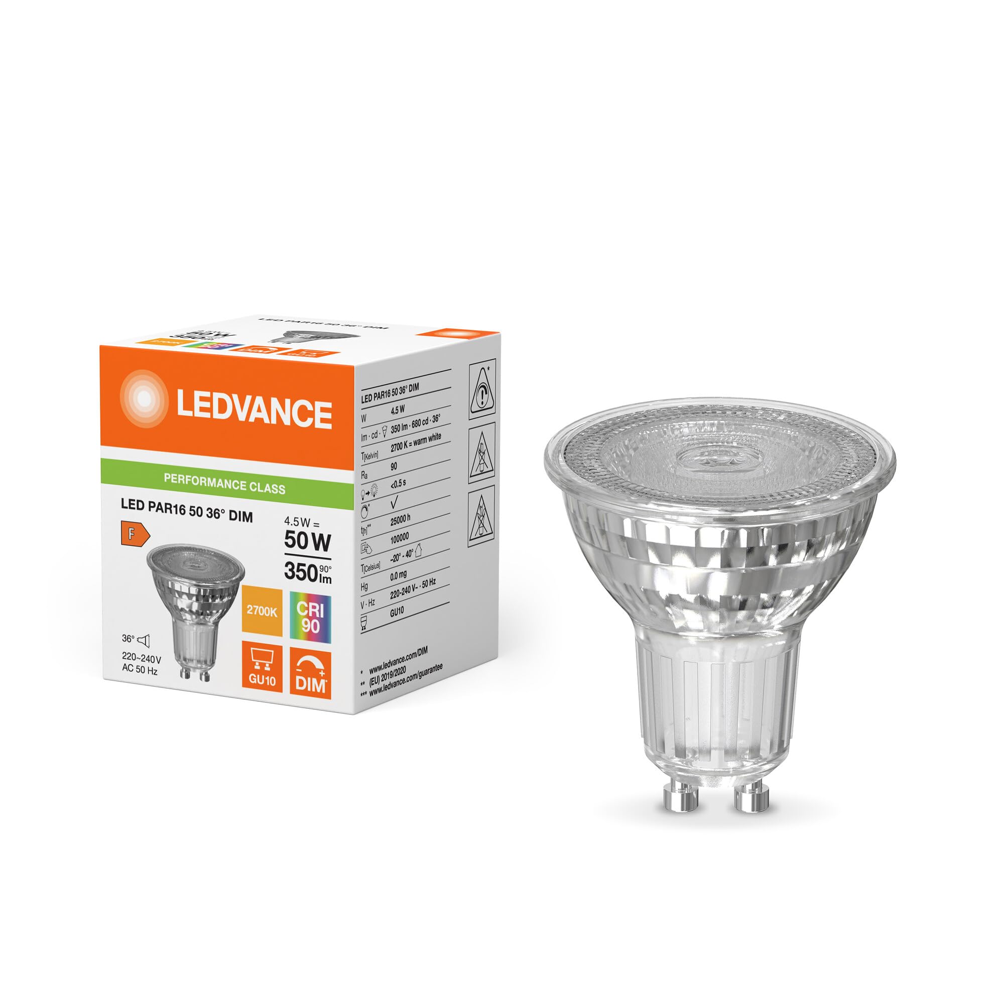 LED PAR16 4.5W (50W eqv.) GU10 2700K 36 Degrees RA90 Dimmable Ledvance
