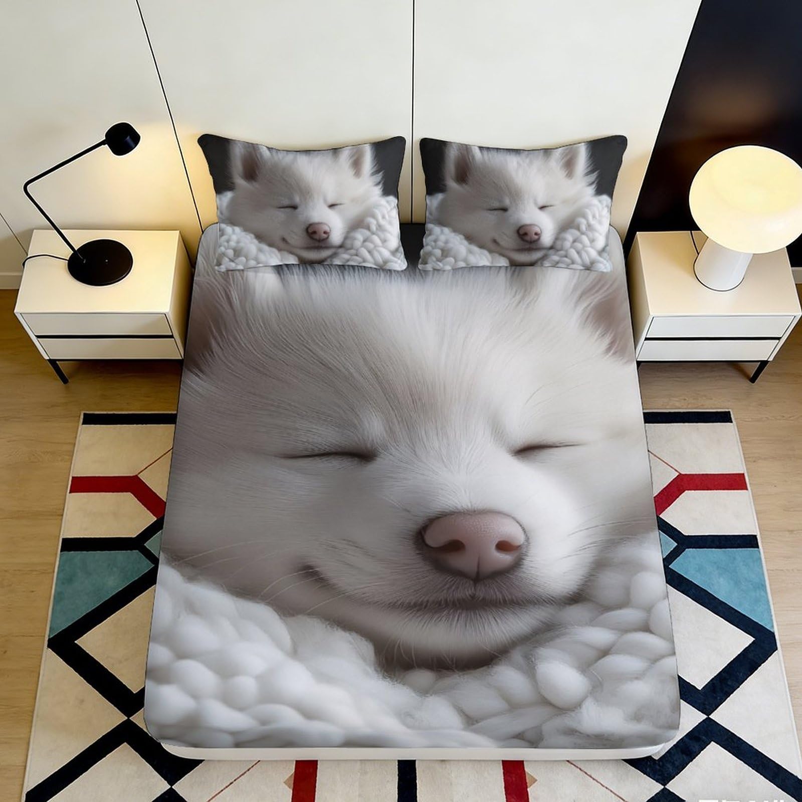 3D Printed Sleeping White Fox Fitted Sheet Microfiber Soft Breathable Cozy Animal Bed Cover for Bedroom Dormitory Guest Room Mattress Protection 90x200x25cm
