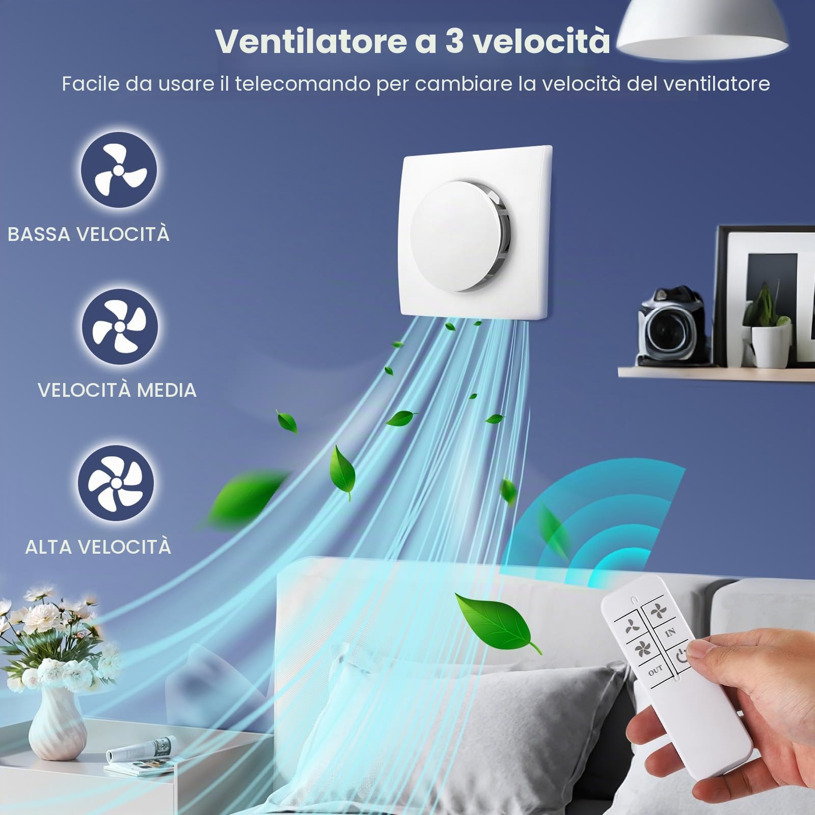 Ventilatore di estrazione 100 mm, VMC, per bagno, 130 m³/h, ventilatore a risparmio energetico con telecomando, 2 direzioni, 3 velocità, potente ventilazione, per bagno, cucina, WC