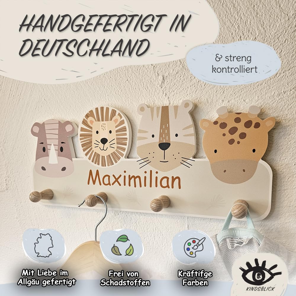 Garderobe mit Wunschname inkl. DIN A4 Poster - Personalisierte Kindergarderobe mit 4 Kleiderhaken für Kinder (Safari Natur)
