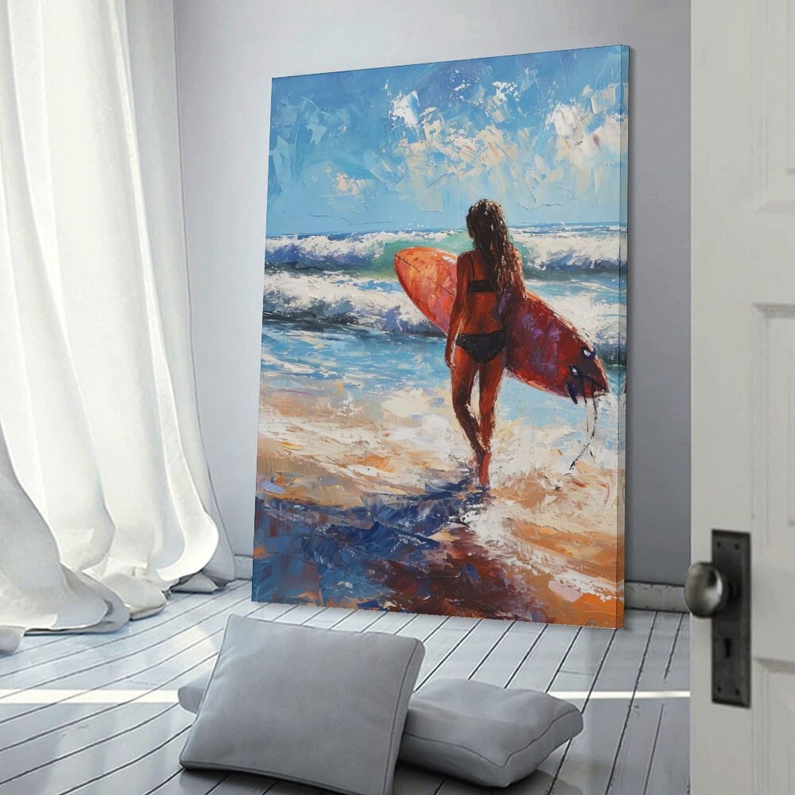 Junmoney Girls Frame-Style-24-1 Surfer On Beach Painting Room Decor Wall Art 24X36inch(60X90cm), For Bedroom, Guest Room Or Reading Nook, An Easy Wall Refresh For Bedrooms